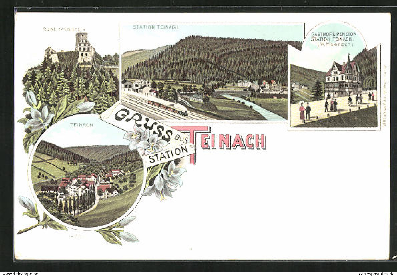 Lithographie Teinach, Gasthof Und Pension Station Teinach, Bahnhof, Ruine Zavelstein  - Bad Teinach