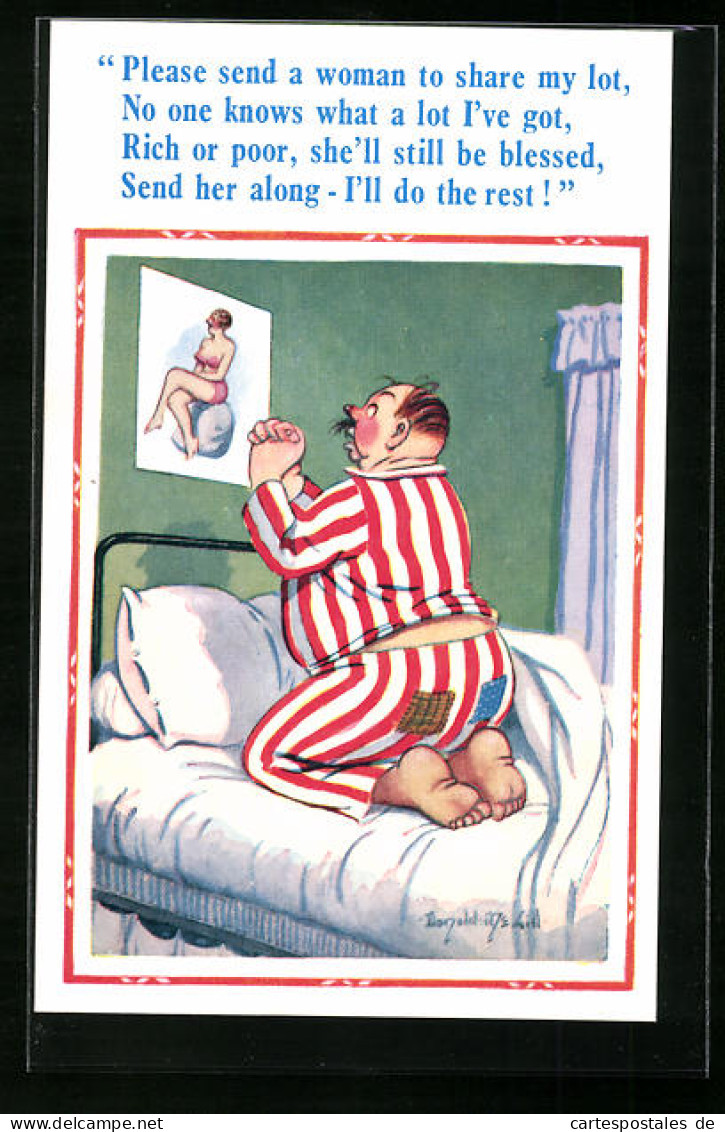 Künstler-AK Donald McGill: Mann Im Schlafzimmer Betet Zu Einem Frauenbildnis  - Mc Gill, Donald