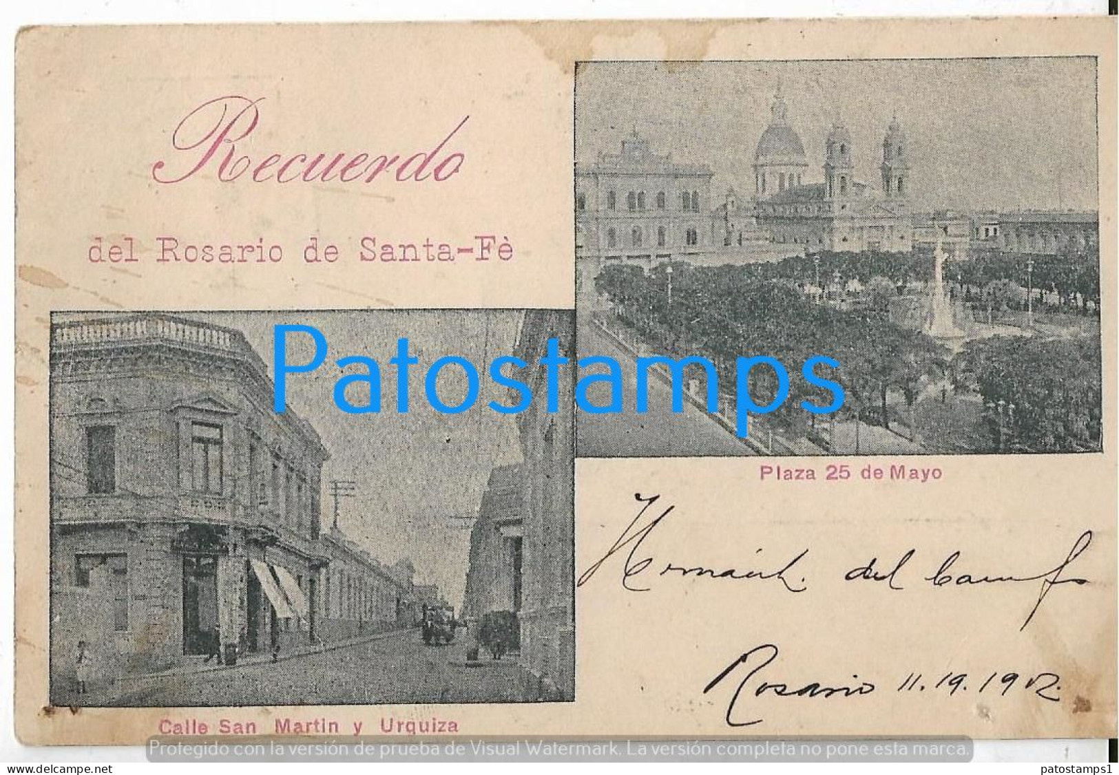 226802 ARGENTINA ROSARIO SANTA FE CALLE SAN MARTIN Y URQUIZA & PLAZA 25 DE MAYO SPOTTED POSTAL POSTCARD - Argentina