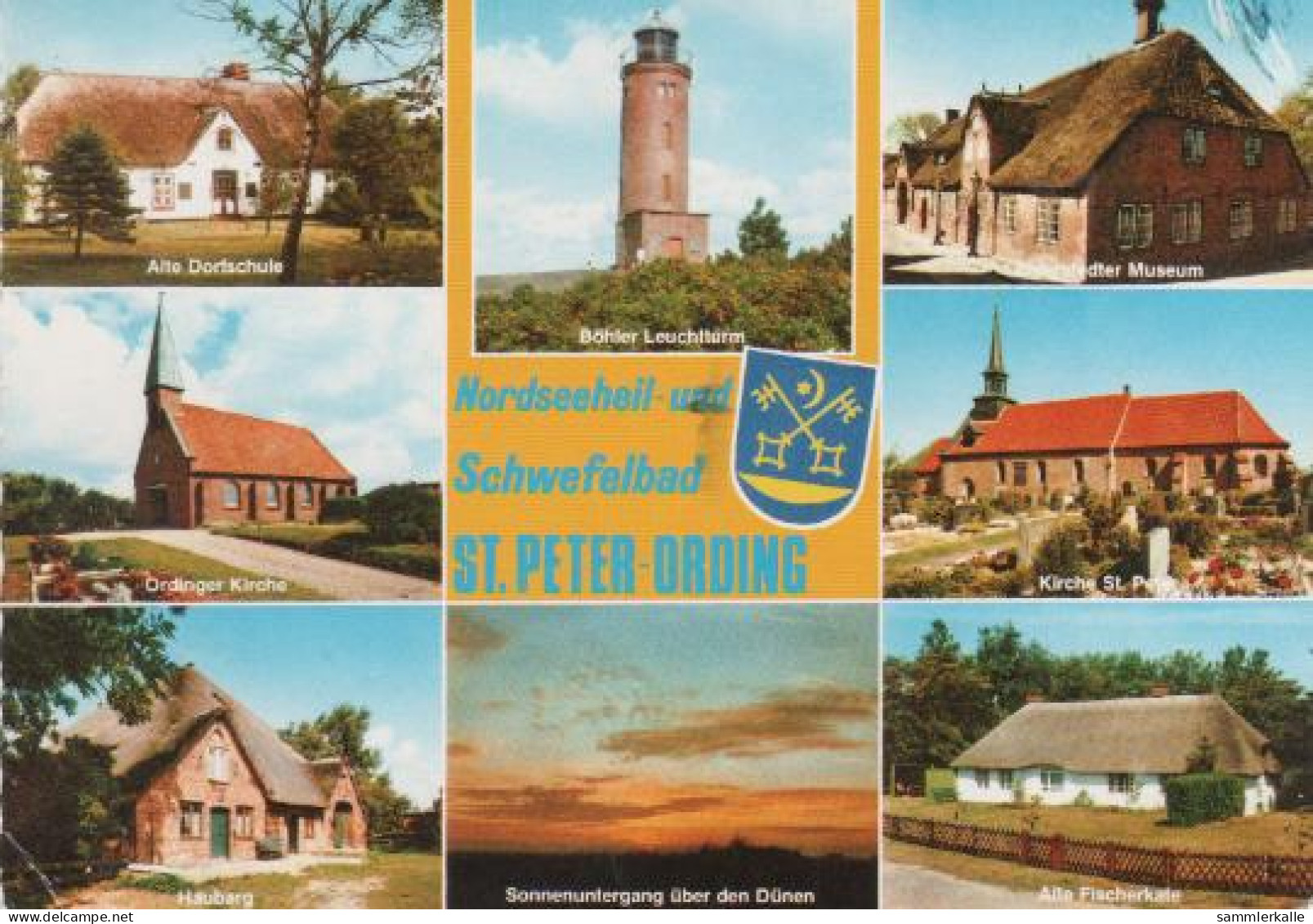 1721 - Peter-Ording - Alte Dorfschule, Ordinger Kirche, Haubarg, Böhler Leuchtturm, Sonnenuntergang, Kirche - St. Peter-Ording