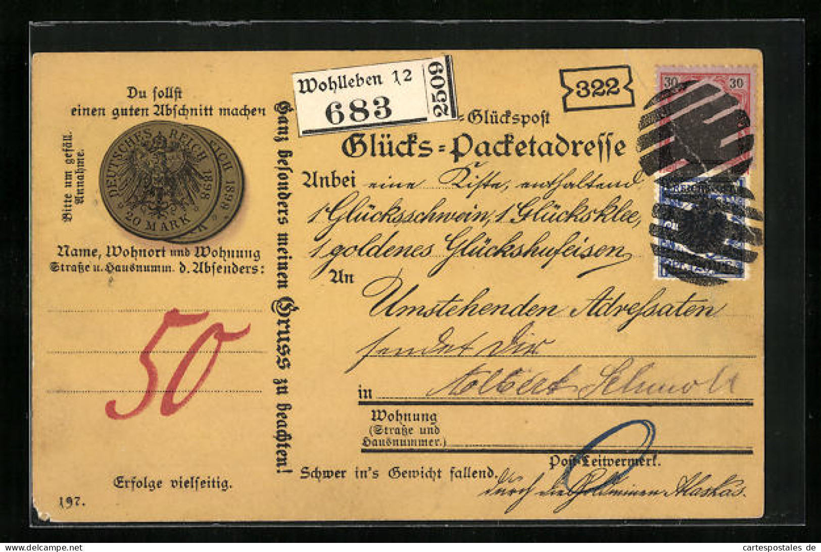 AK Glücks-Paketadresse, Geldmünzen, Postgeschichte  - Monete (rappresentazioni)