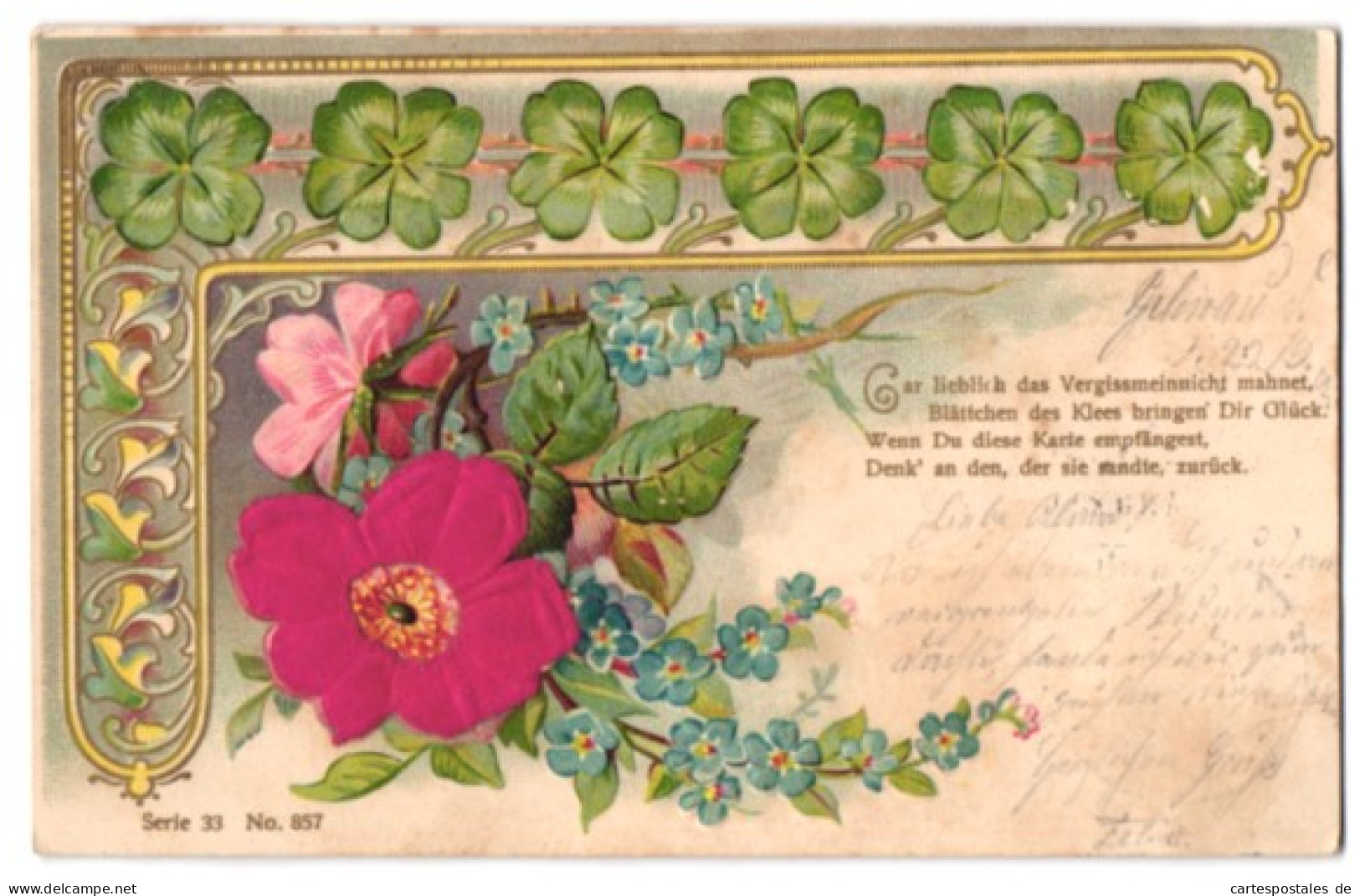 Stoff-Präge-AK Kleeblätter Und Blumenzweig Mit Blüten Aus Echtem Stoff  - Autres & Non Classés