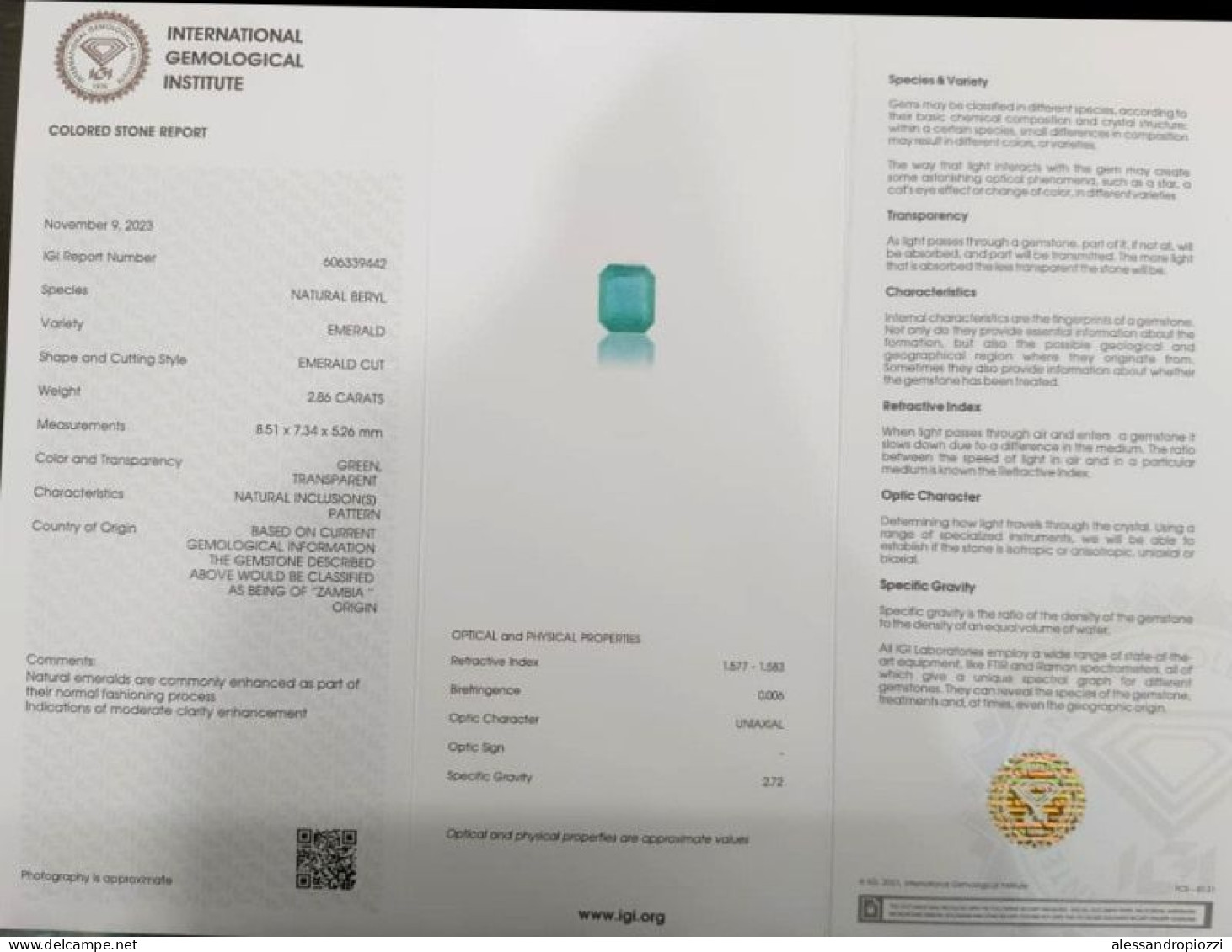 Smeraldo Certificato IGI Da 2,86 Ct - Esmeralda