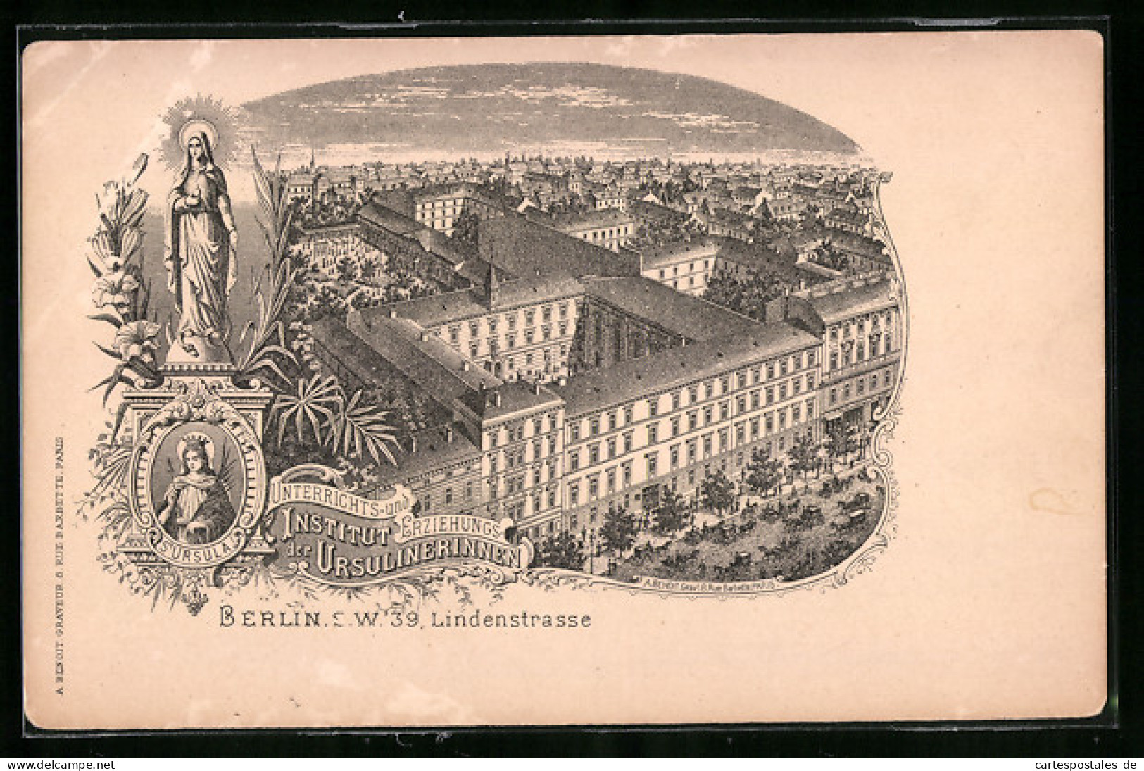 Lithographie Berlin, Unterrichts- Und Erziehungs-Institut Der Ursulinerinnen, Lindenstrasse 39, St. Ursula  - Kreuzberg