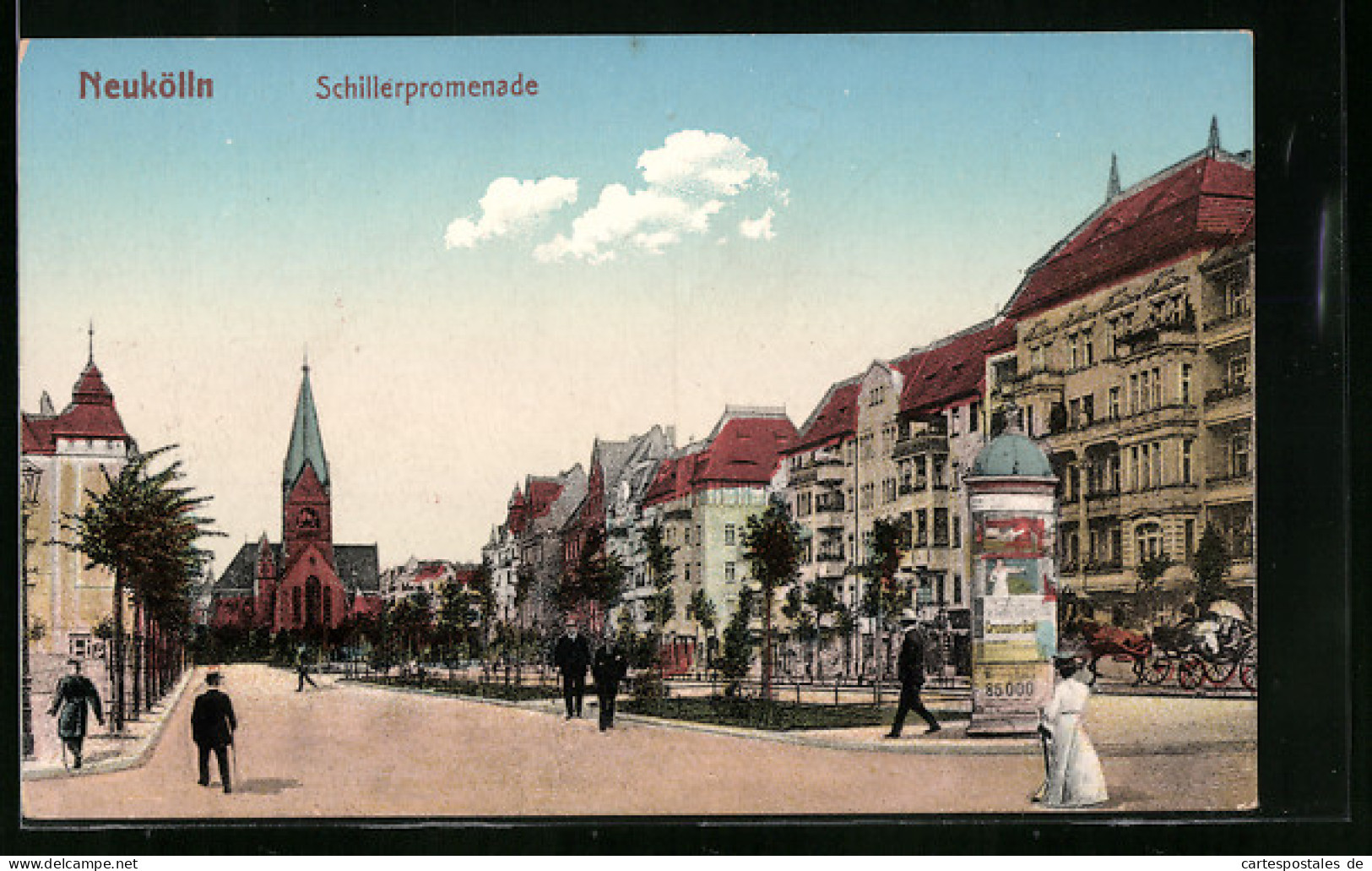 AK Berlin-Neukölln, Partie An Der Schillerpromenade Mit Blick Auf Kirche Und Litfasssäule  - Neukoelln