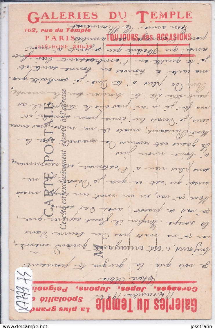 PARIS III EME- PUBLICITE POUR LES GALERIES DU TEMPLE- 162 RUE DU TEMPLE- PARIS III EME- AU DOS CPA ROUTE LUZ A GAVARNIE - Arrondissement: 03