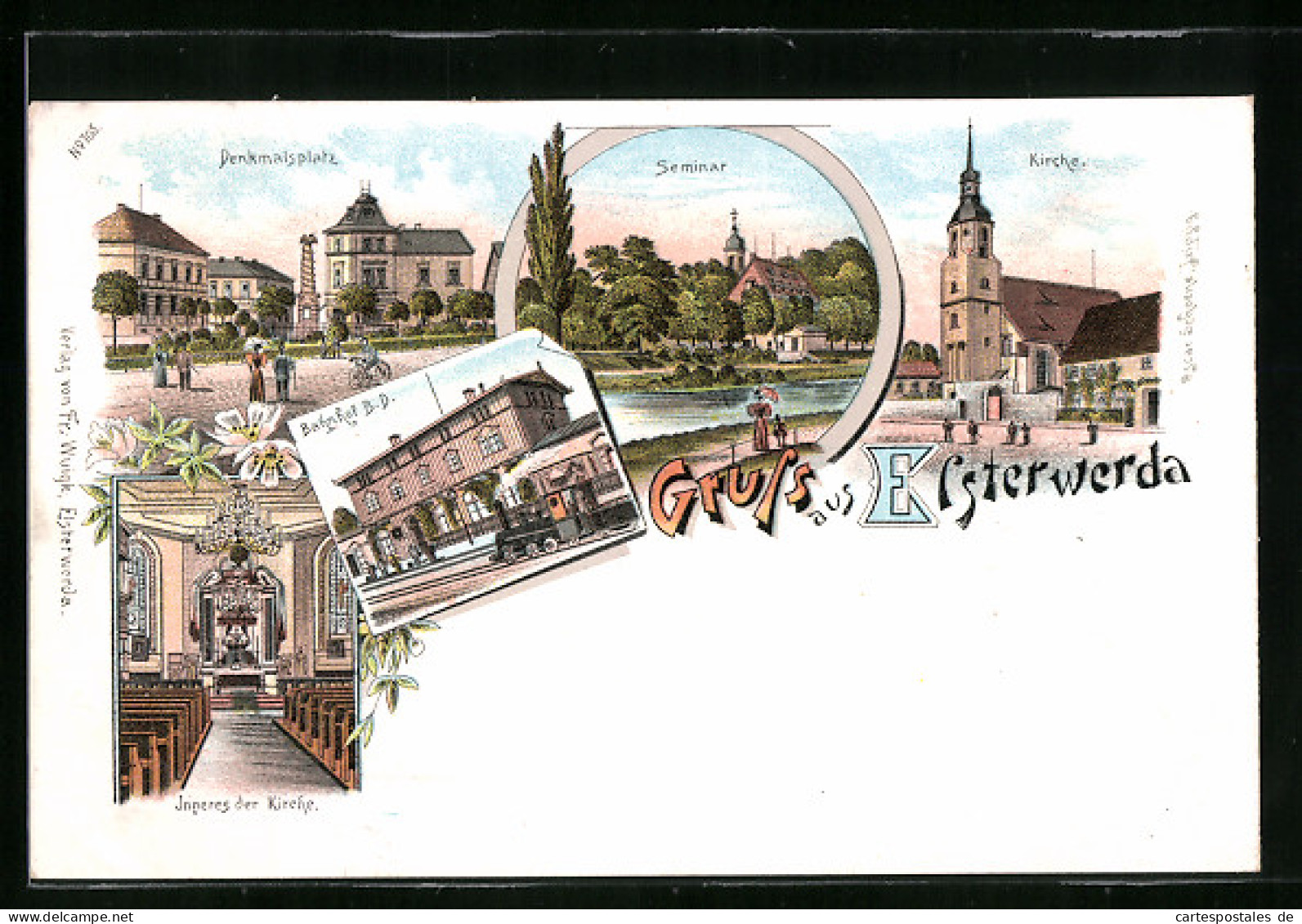 Lithographie Elsterwerda, Bahnhof, Denkmalsplatz, Seminar  - Elsterwerda