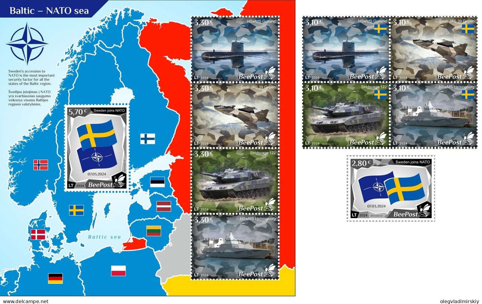 Lithuania Litauen Lituanie 2024 Baltic - NATO Sea Sweden Joins NATO BeePost Full Stamps Set And Block MNH - Militaria