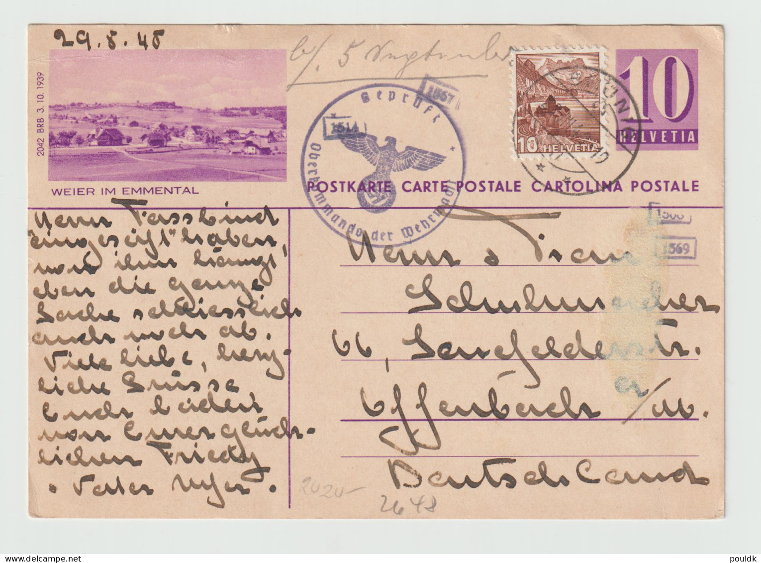 Censored Postal Stationary From Switzerland Posted 29.8.1940 To Germany. Censor OKW Cachet. Postal Weight 0,04 Kg - Militaria