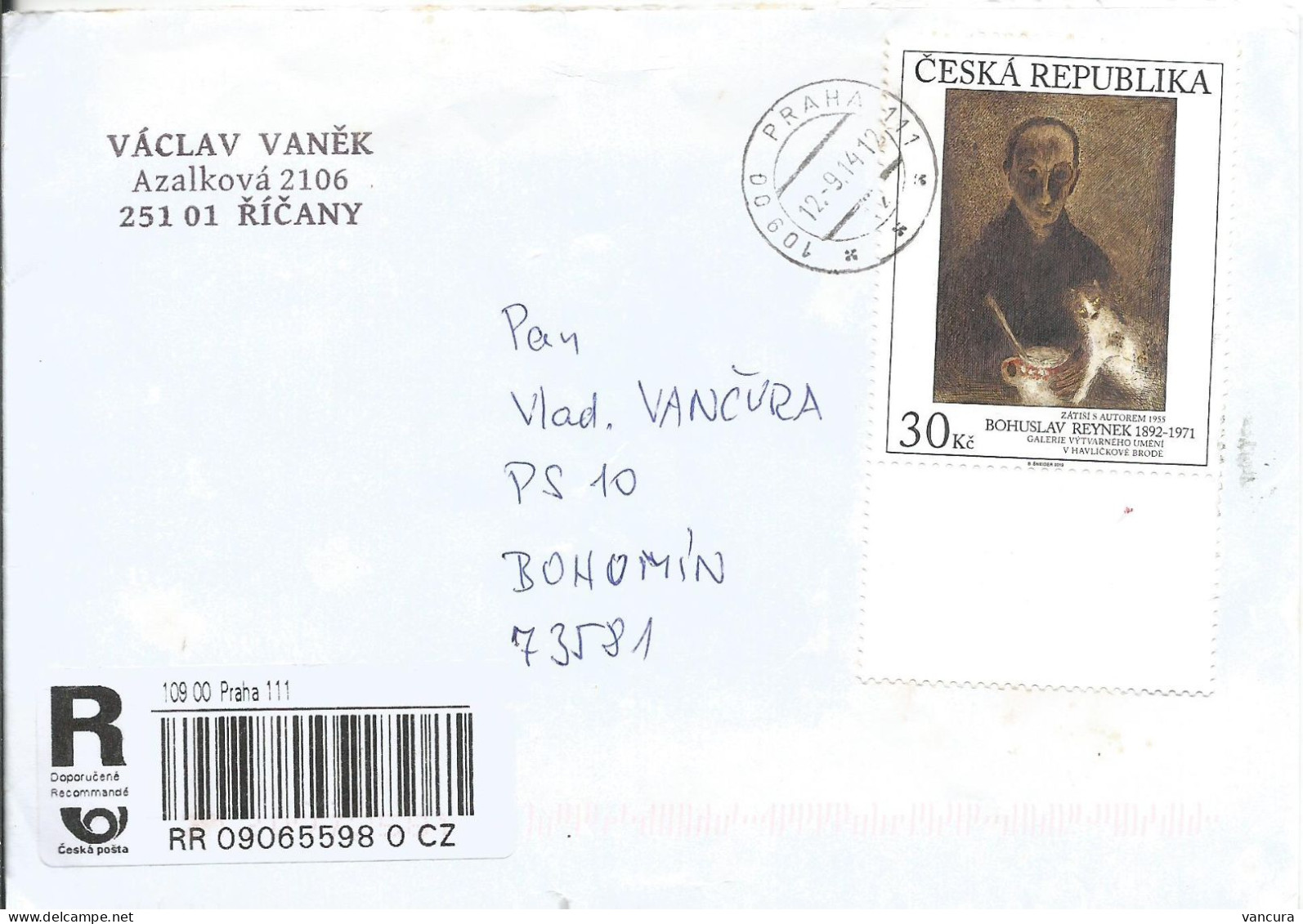 R Envelope 793 Czech Republic Bohuslav Reynek: Still Life With The Author 2013 Used In 2014 - Moderni