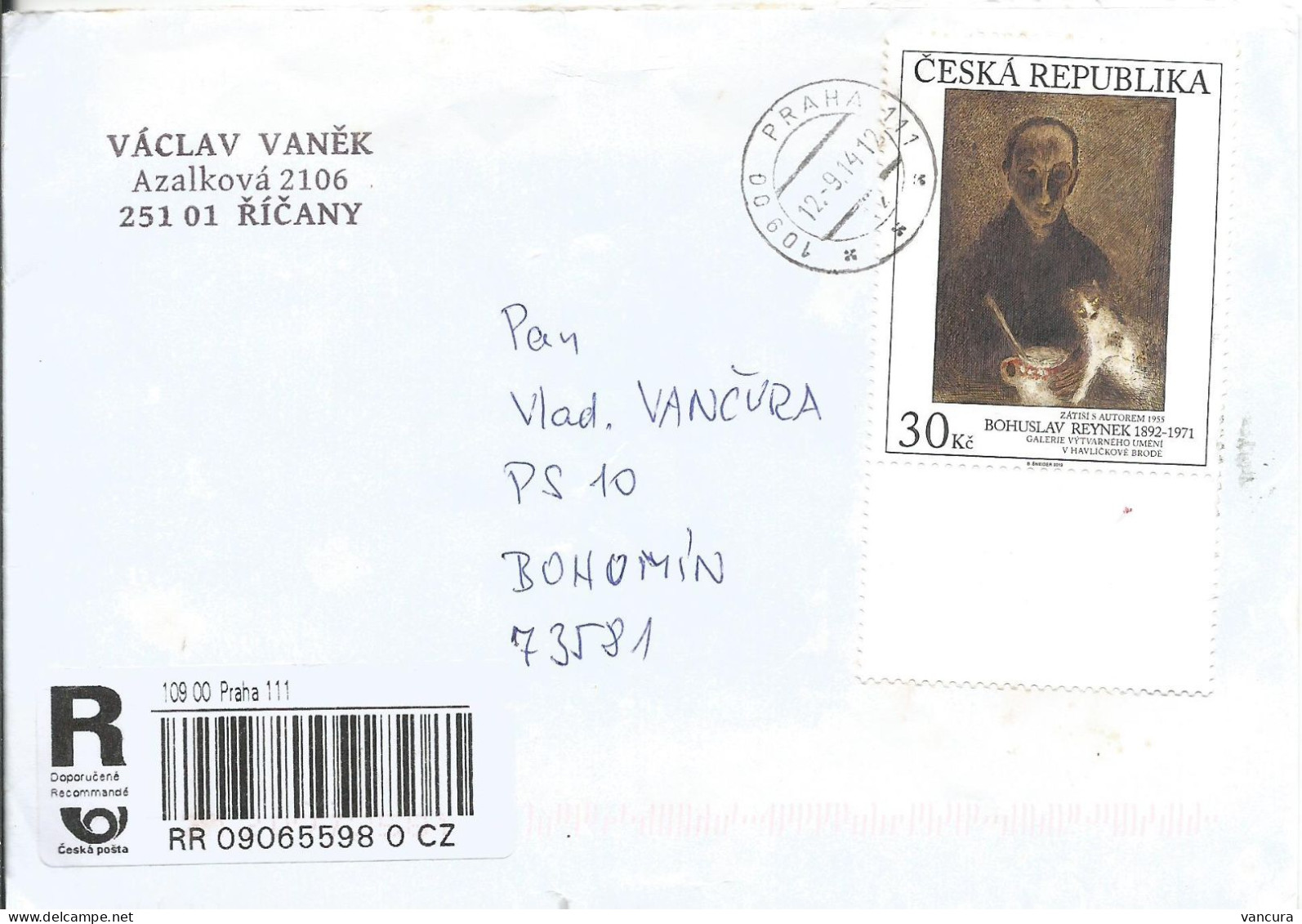 R Envelope 793 Czech Republic Bohuslav Reynek: Still Life With The Author 2013 Used In 2014 - Modern