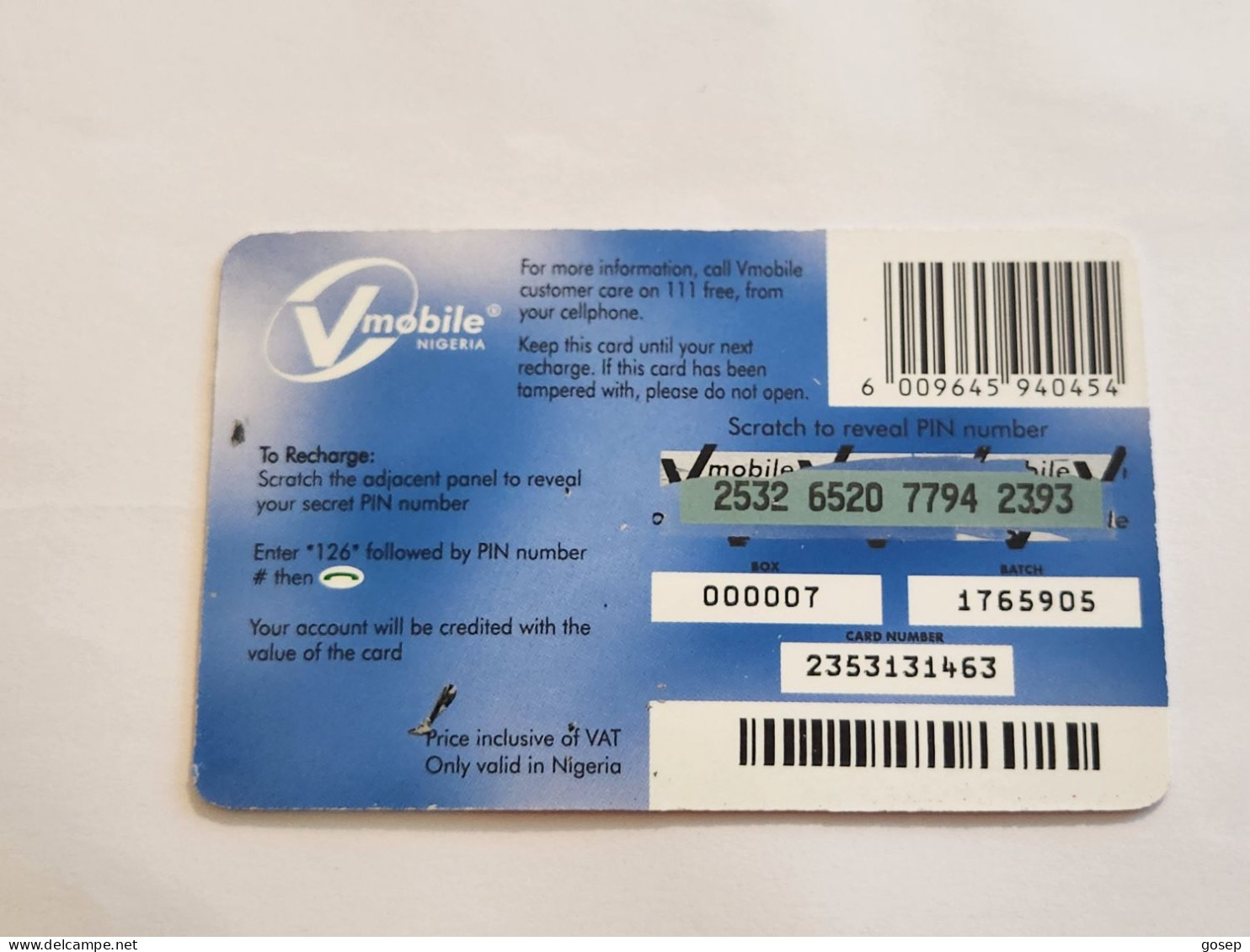 NIGERIA-(NG-VMO-REF-0002)-V-mobile-(2532-6520-7794-2393)-(4)-(1000 Naria Nigri)-used Card - Nigeria