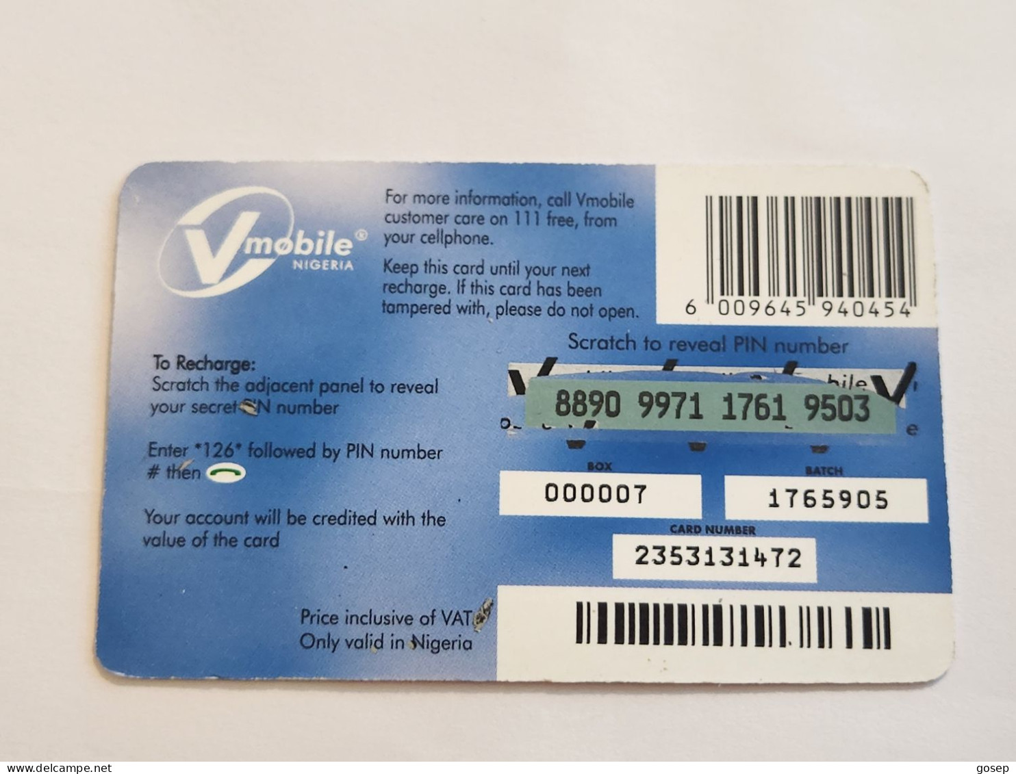 NIGERIA-(NG-VMO-REF-0002)-V-mobile-(8890-9971-1761-9503)-(6)-(1000 Naria Nigri)-used Card - Nigeria