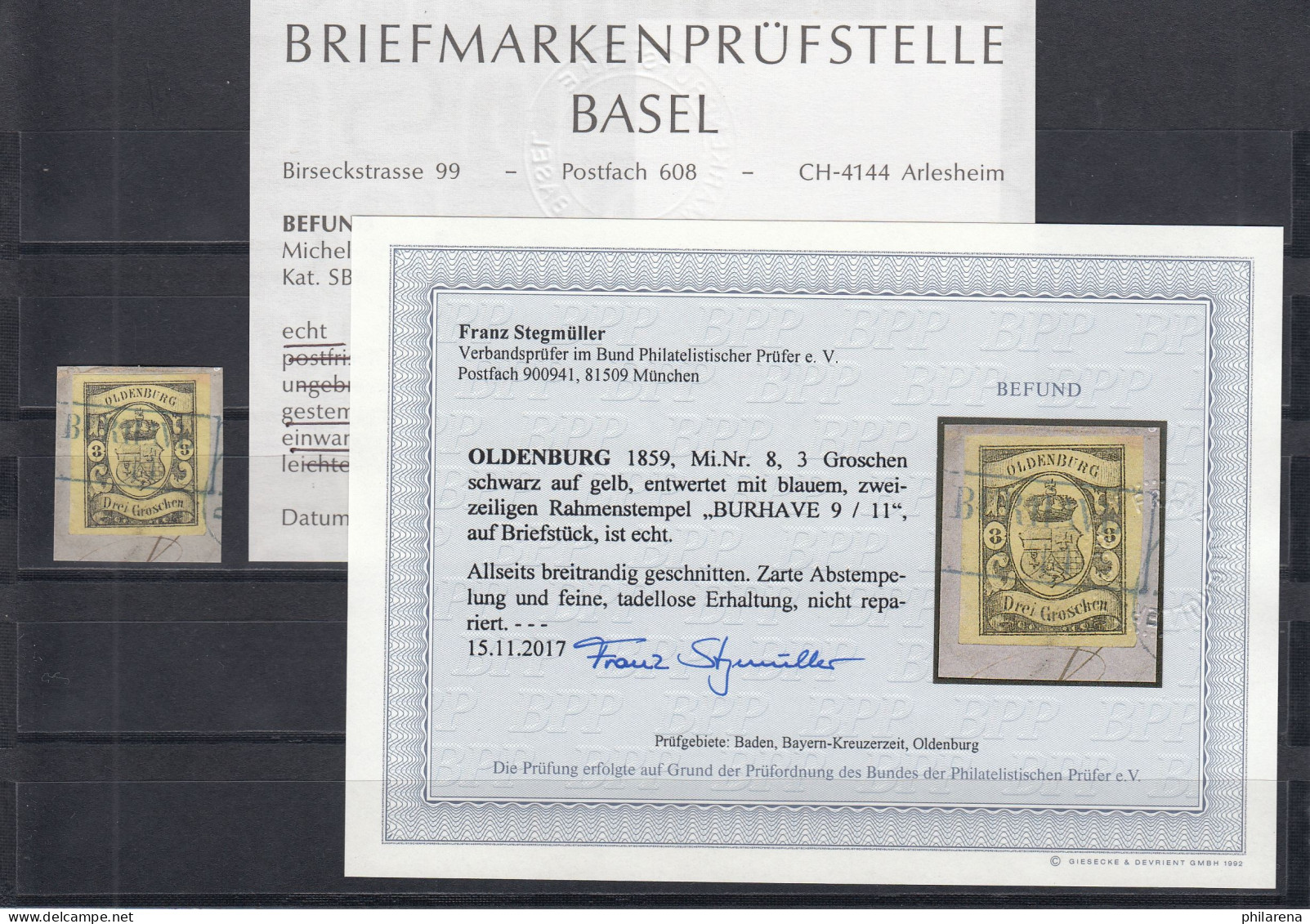 Oldenburg: MiNr. 8 Gestempelt Burhave, Auf Briefstück, BPP Befund - Oldenburg