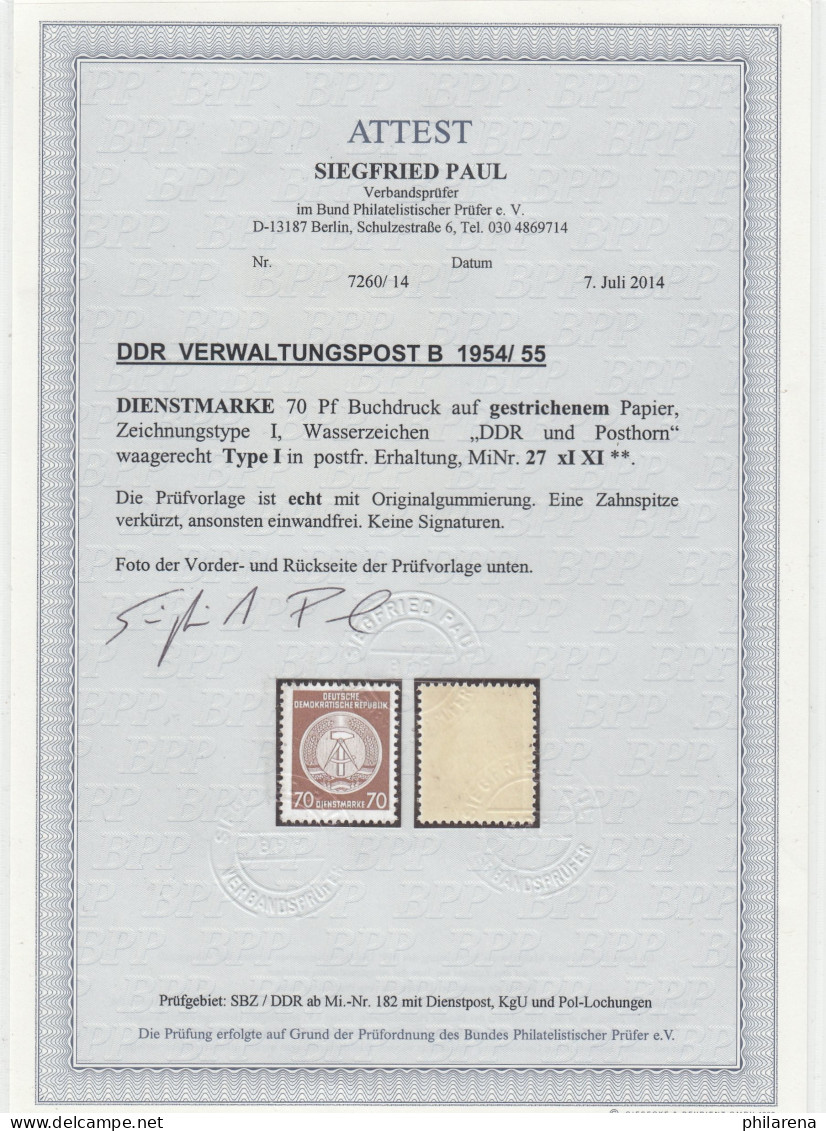 DDR Verwaltungspost B 1954/55: MiNr. 27 XI XI, Postfrisch Type II, BPP Attest - Mint
