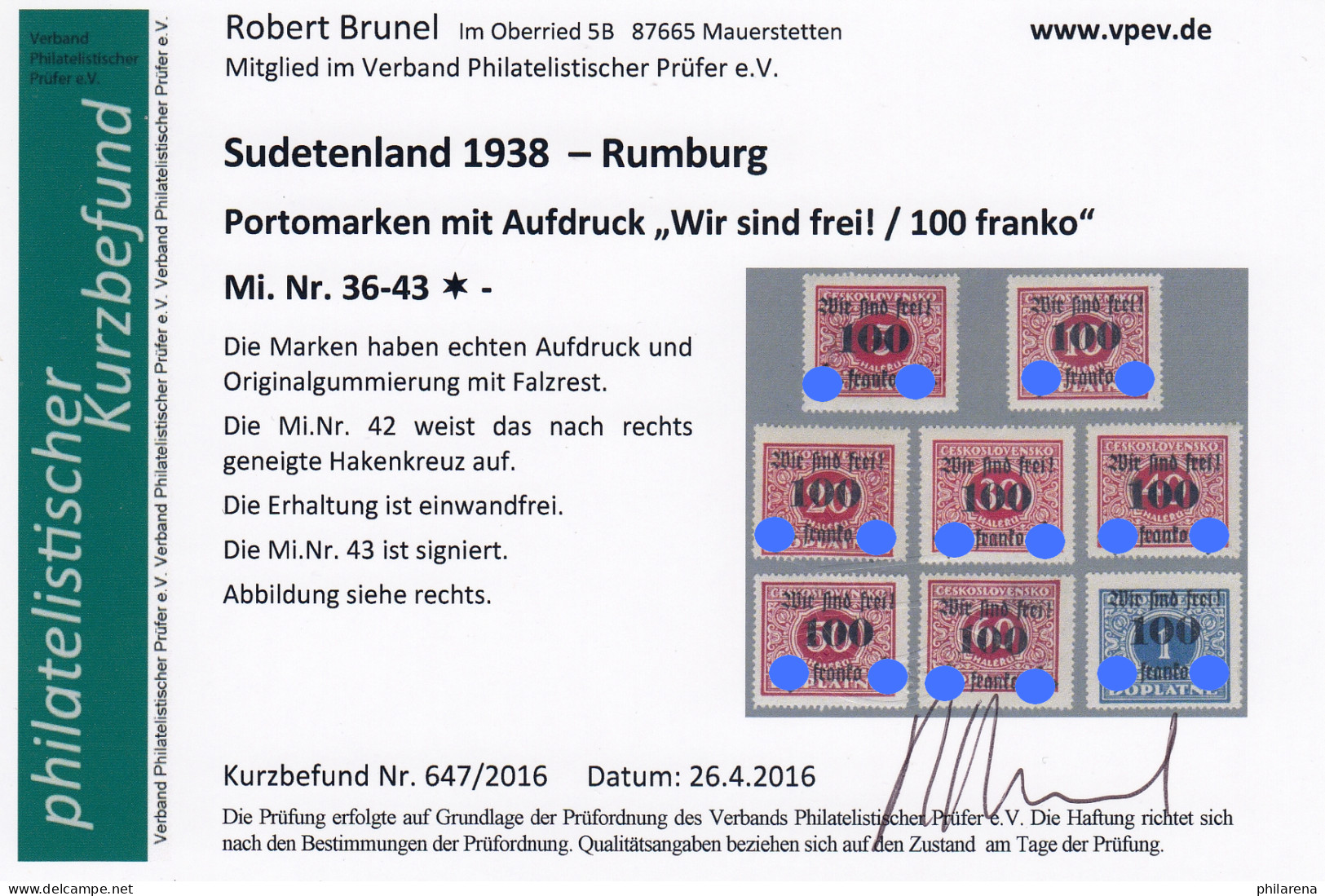 Sudetenland: Rumburg MiNr. 36-43, Falz - Sudetenland