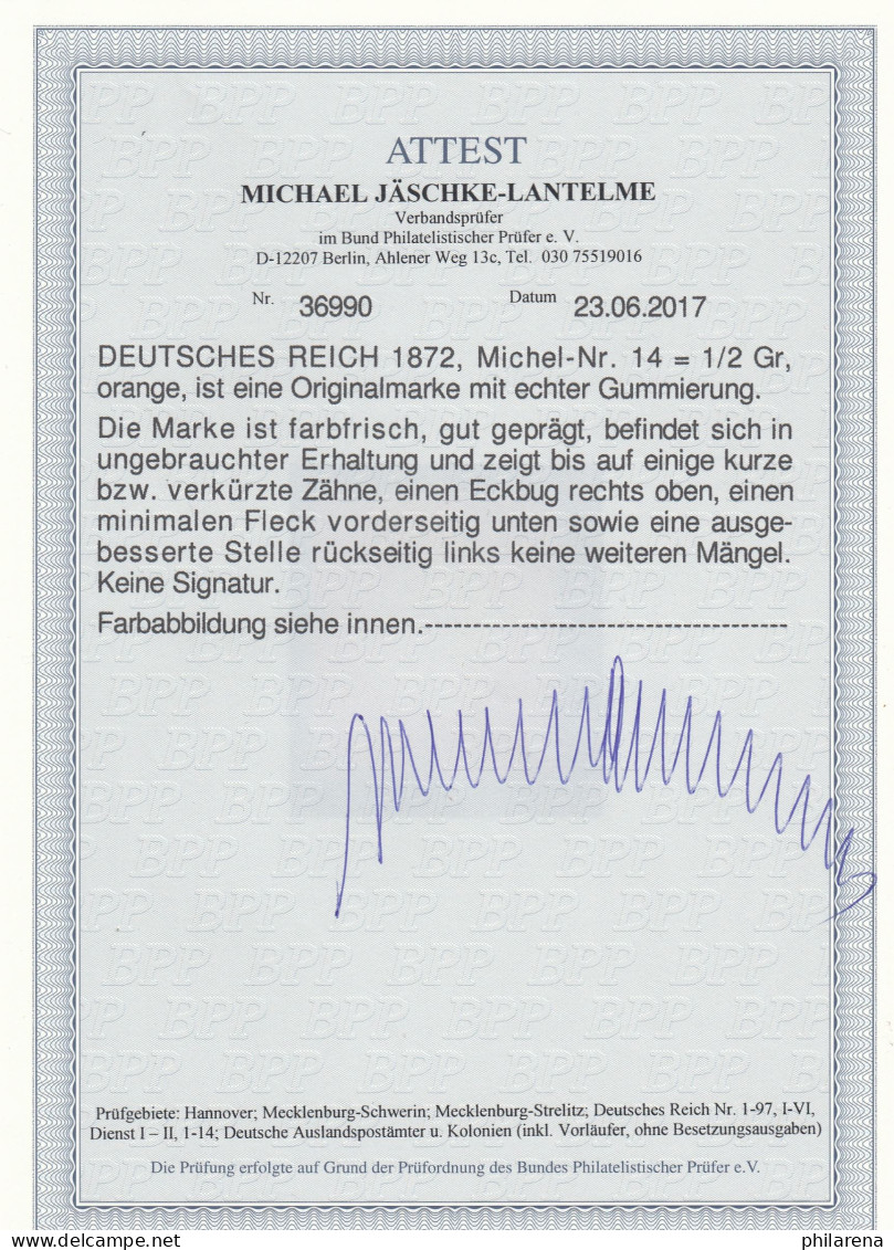 Deutsches Reich: MiNr. 14, Falz, BPP Attest - Unused Stamps