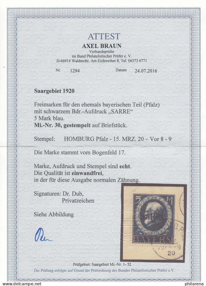 Saargebiet: MiNr. 30, Gestempelt Homburg Auf Briefstück, BPP Attest - Used Stamps