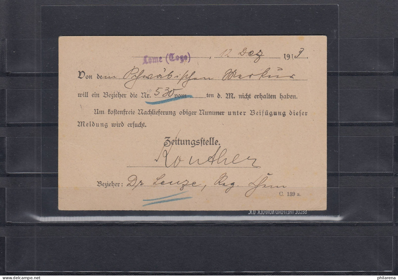 Togo 1913: Zeitungssache Aus LOME - Togogebiet Nach Berlin Und Dann Stuttgart - Togo
