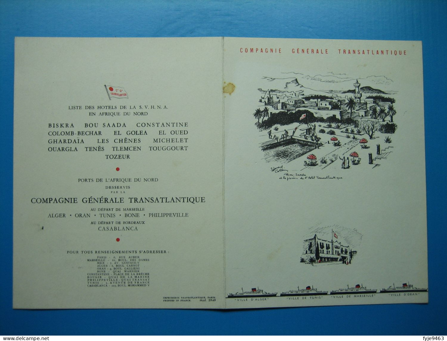 (1959) Menu 4 Volets, Cartonné - Cie GÉNÉRALE TRANSATLANTIQUE - Paquebot Ville De Tunis - Commandant G. Maizoue-Roig - - Menus