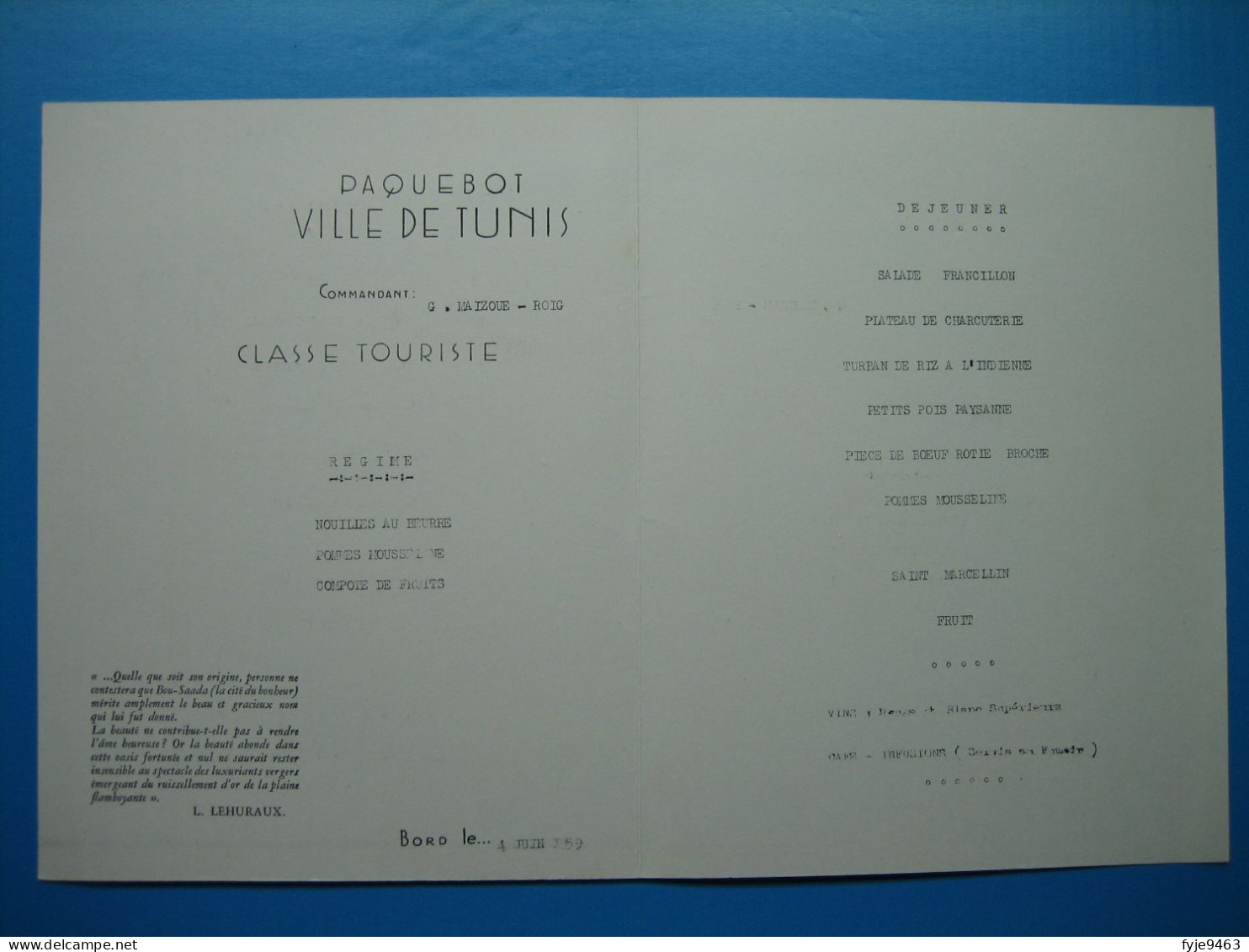 (1959) Menu 4 Volets, Cartonné - Cie GÉNÉRALE TRANSATLANTIQUE - Paquebot Ville De Tunis - Commandant G. Maizoue-Roig - - Menu