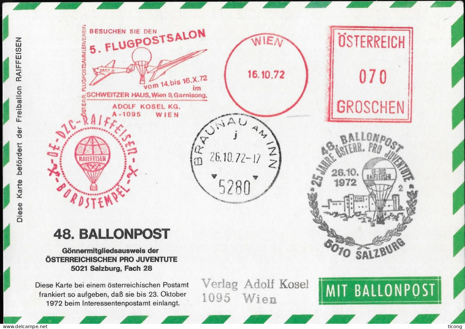 BALLON - EMA WIEN AUTRICHE BALLON, CONCORDE, AVION, CACHETS SALZBURG, BRAUNAU AM INN 1972, VOIR LES SCANNERS - Montgolfier