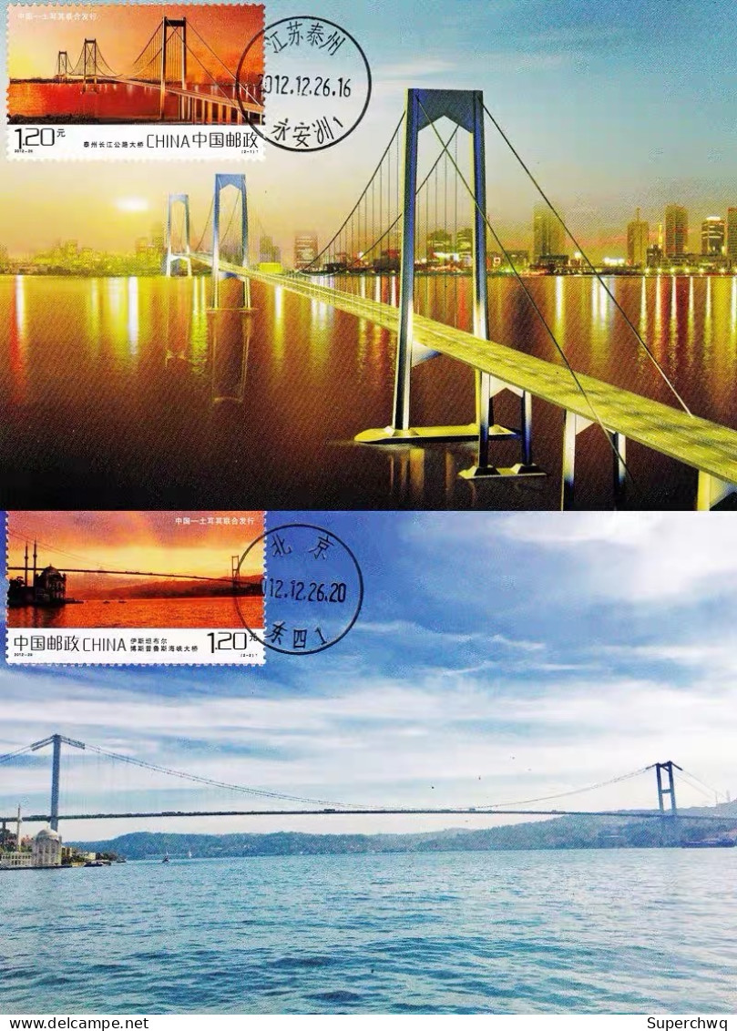 China Maximum Card，2012-29 Taizhou Yangtze River Highway Bridge Istanbul Strait Bridge, Jointly Issued By China And Turk - Cartes-maximum