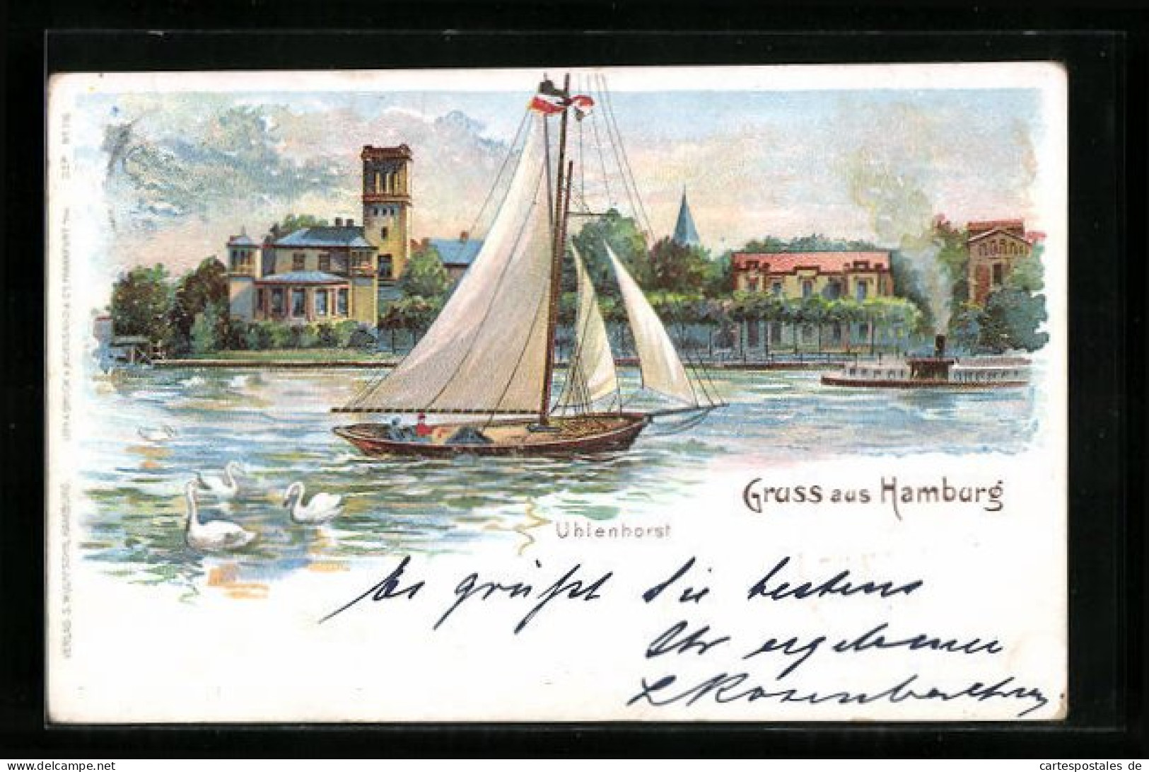 Lithographie Hamburg, Uferpartie Mit Fährhaus Uhlenhorst, Segelboot  - Nord