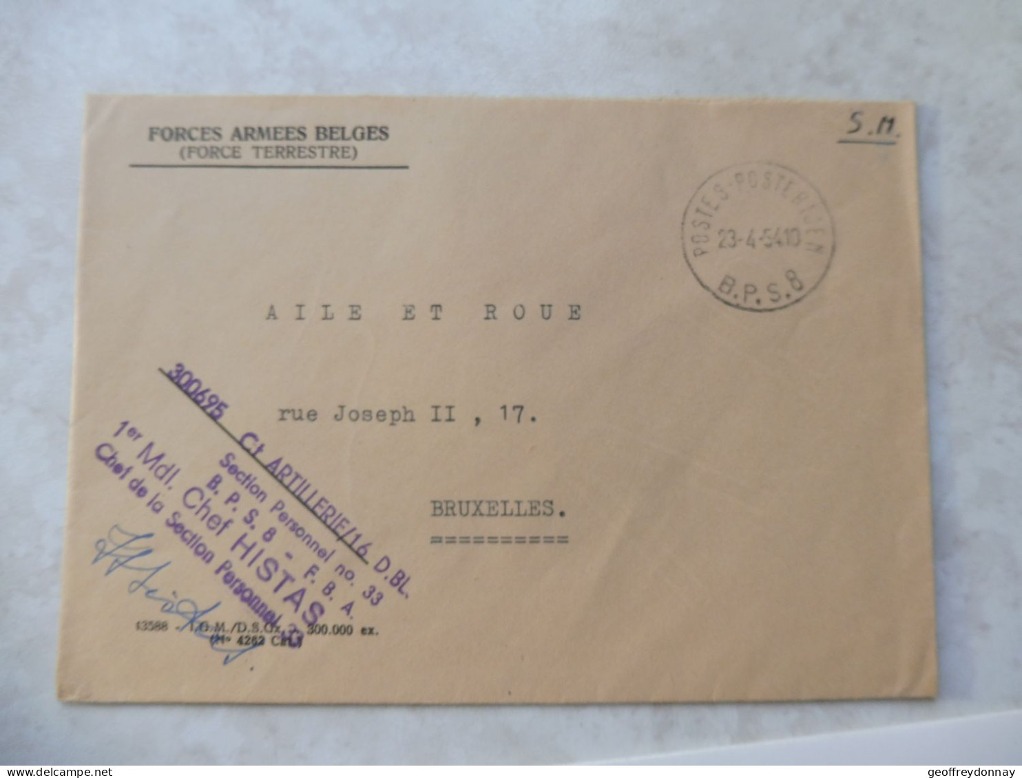 Belgie / Belgique Enveloppe Brief War Guerre Bps BPS 8 SPB Spb Artillerie  Forces Armées Belges 1954 - Andere Kriege