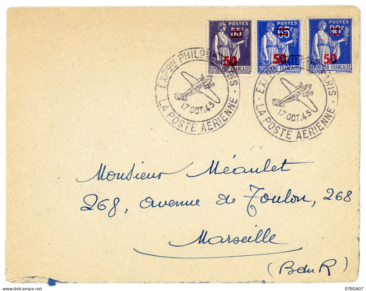 EXPOSITION PHILATELIQUE PARIS LA POSTE AERIENNE 17 OCTOBRE 1943 ENVELOPPE - 1932-39 Peace