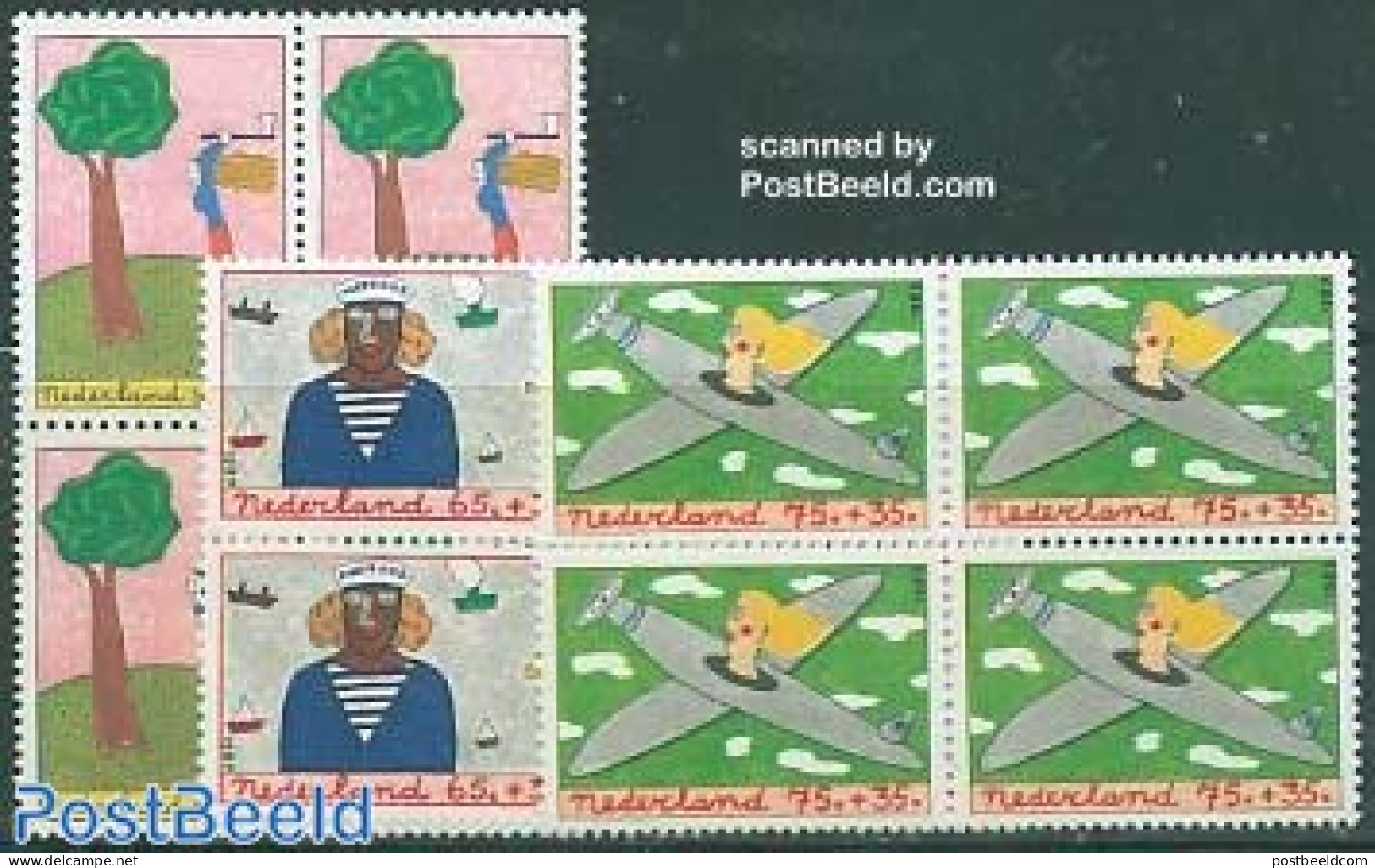 Netherlands 1987 Child Welfare 3v Blocks Of 4 [+], Mint NH, Transport - Aircraft & Aviation - Ships And Boats - Unused Stamps