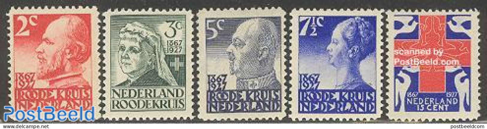 Netherlands 1927 Red Cross 5v, Unused (hinged), Health - History - Nature - Red Cross - Kings & Queens (Royalty) - Birds - Ongebruikt