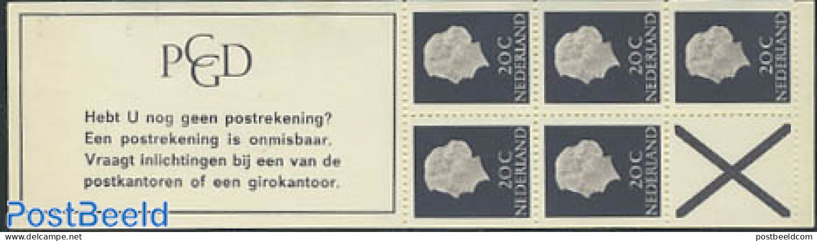 Netherlands 1967 5X20c Booklet, Text:Hebt U Nog Geen Postrekening?, Mint NH, Stamp Booklets - Ongebruikt