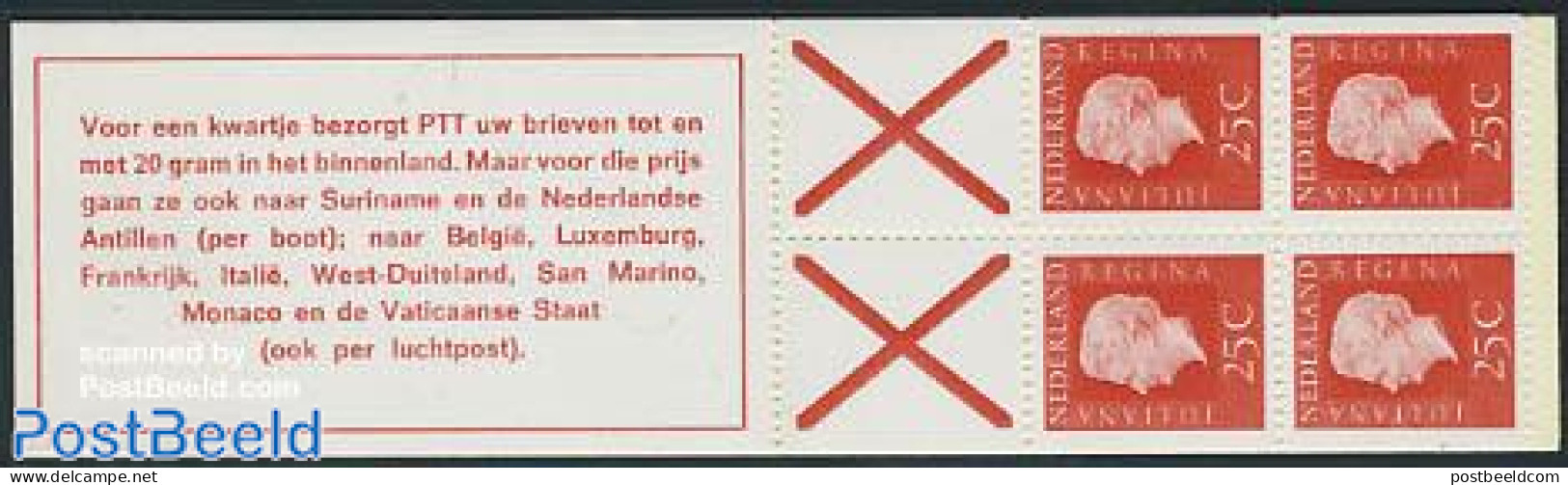 Netherlands 1970 4x25c Booklet, Normal Paper, Text: Voor Een Kwartj, Mint NH, Stamp Booklets - Unused Stamps