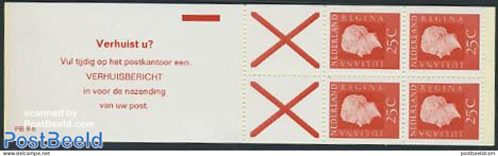 Netherlands 1971 4x25c Booklet, Normal Paper, Text: Verhuist U? Vul, Mint NH, Stamp Booklets - Unused Stamps