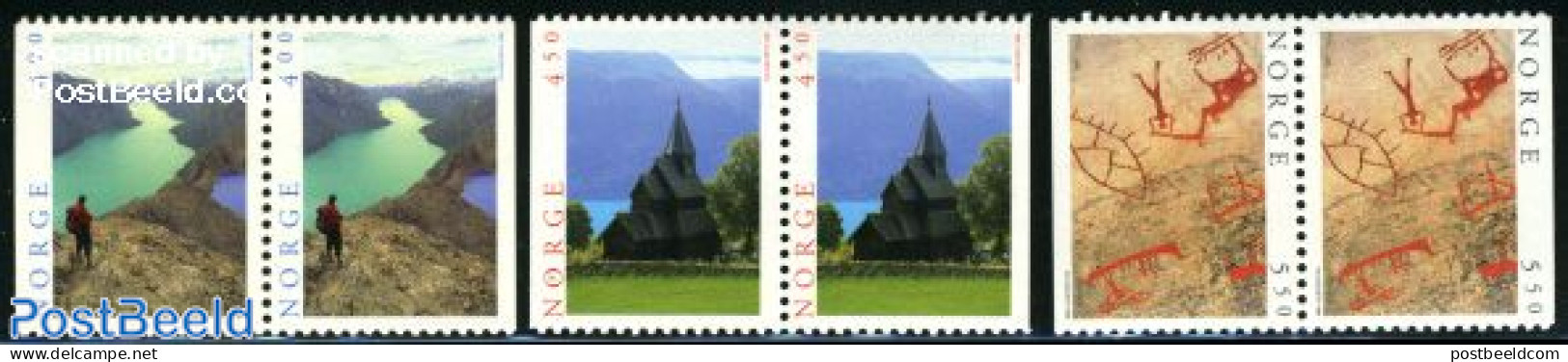 Norway 1996 Tourism 3x2v [:], Mint NH, Religion - Various - Churches, Temples, Mosques, Synagogues - Tourism - Art - C.. - Neufs