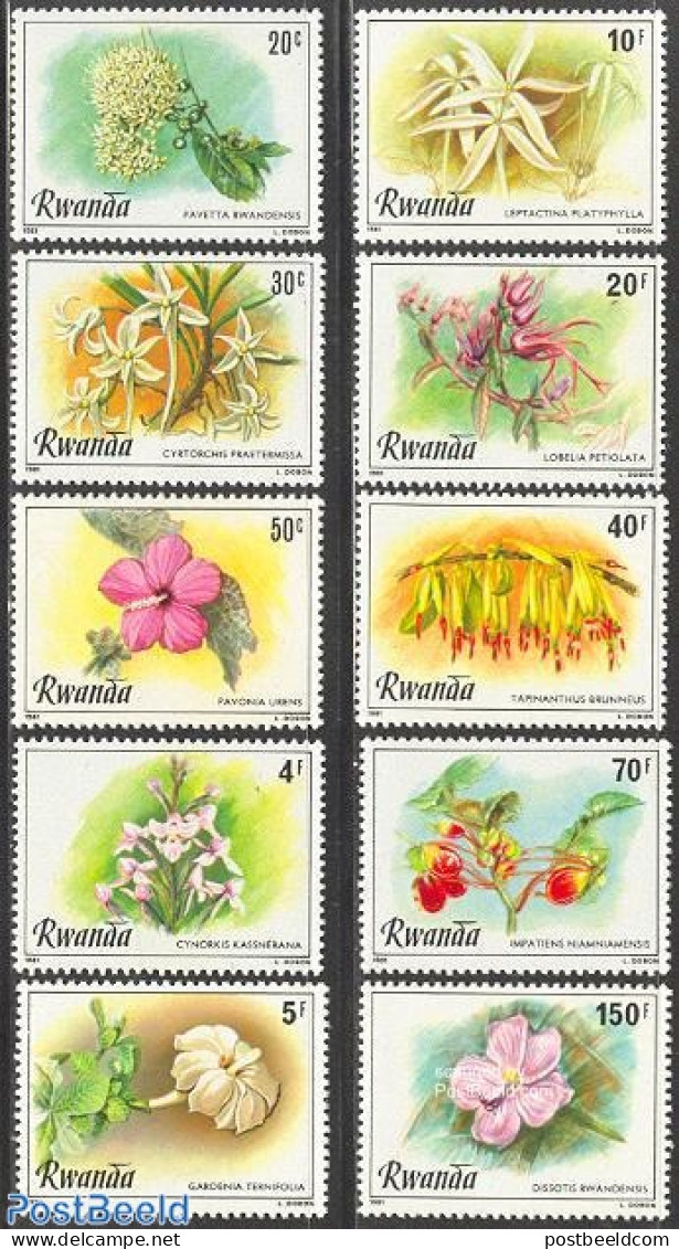 Rwanda 1981 Flowers 10v, Mint NH, Nature - Flowers & Plants - Other & Unclassified