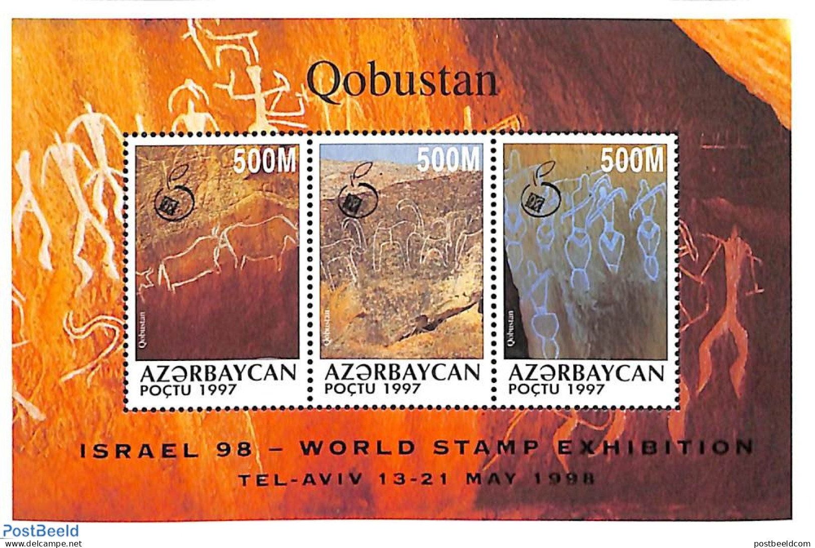 Azerbaijan 1998 Israel 98 3v M/s, Mint NH, Nature - Animals (others & Mixed) - Philately - Art - Cave Paintings - Préhistoire