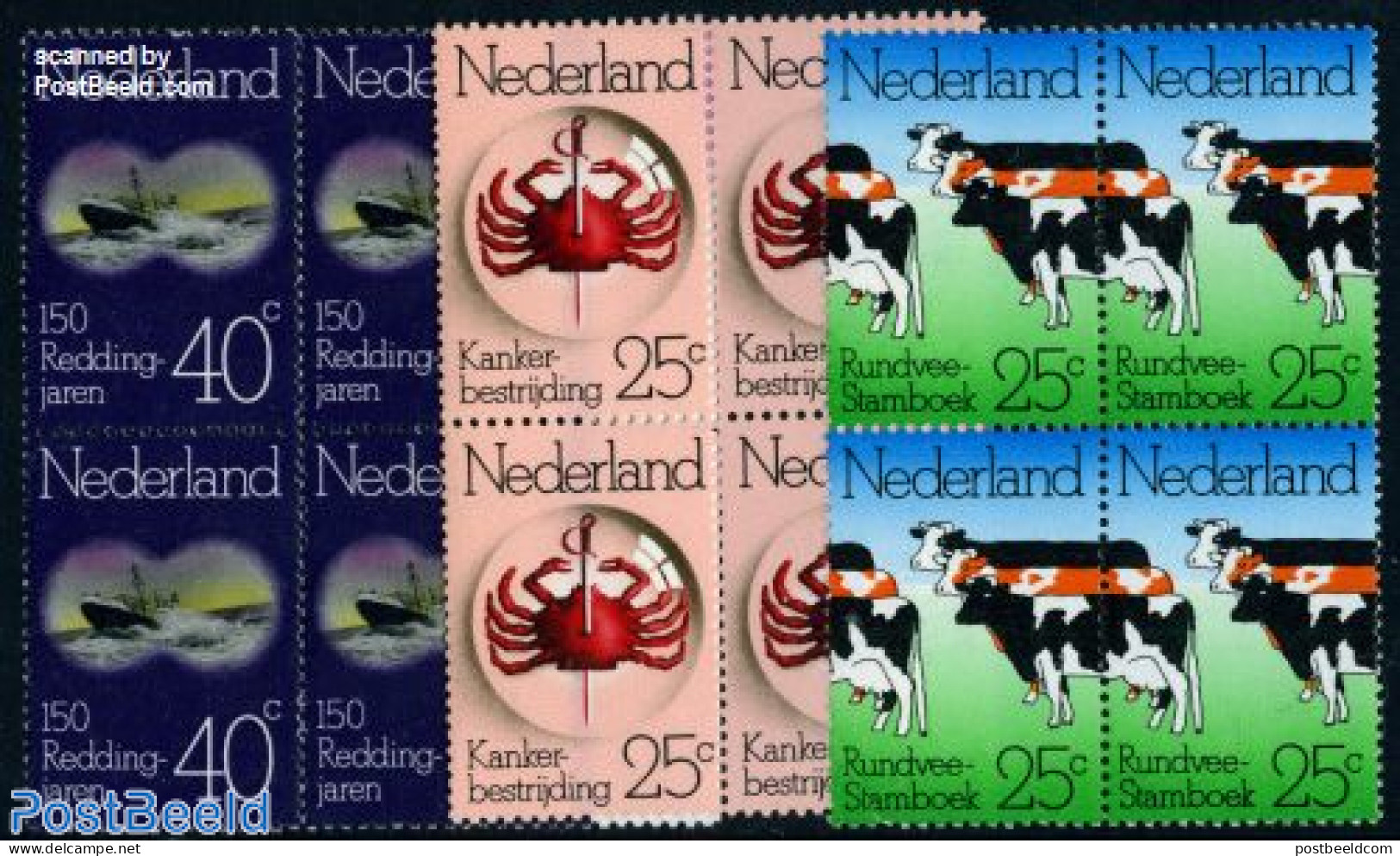 Netherlands 1974 Mixed Issue 3v Blocks Of 4 [+], Mint NH, Health - Nature - Transport - Health - Cattle - Ships And Bo.. - Nuovi