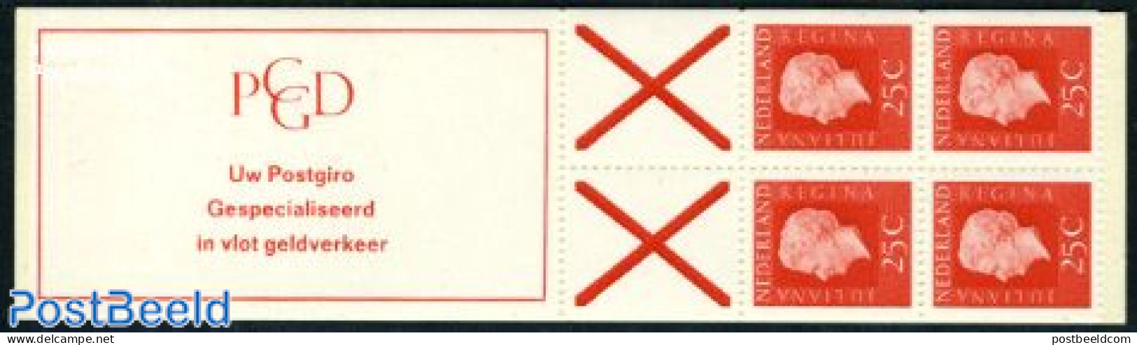 Netherlands 1969 4x25c Booklet, Phosphor, Text: Uw Postgiro Gespeci, Mint NH, Stamp Booklets - Neufs