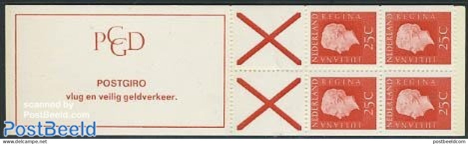 Netherlands 1969 4x25c Booklet, Phosphor, Count Block, POSTGIRO Vlu, Mint NH, Stamp Booklets - Ungebraucht