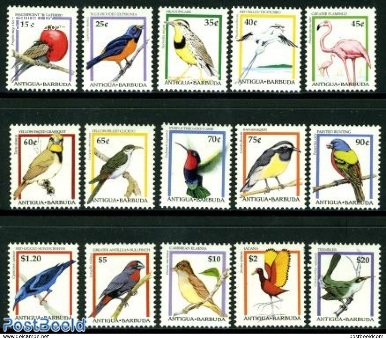 Antigua & Barbuda 1995 Definitives, Birds 15v, Mint NH, Nature - Birds - Flamingo - Hummingbirds - Antigua Et Barbuda (1981-...)