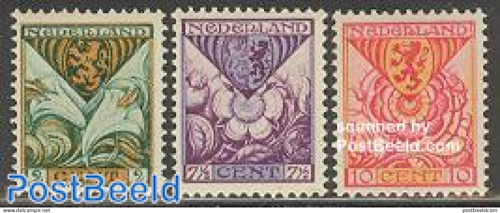 Netherlands 1925 Child Welfare 3v, Unused (hinged), History - Nature - Coat Of Arms - Flowers & Plants - Roses - Unused Stamps