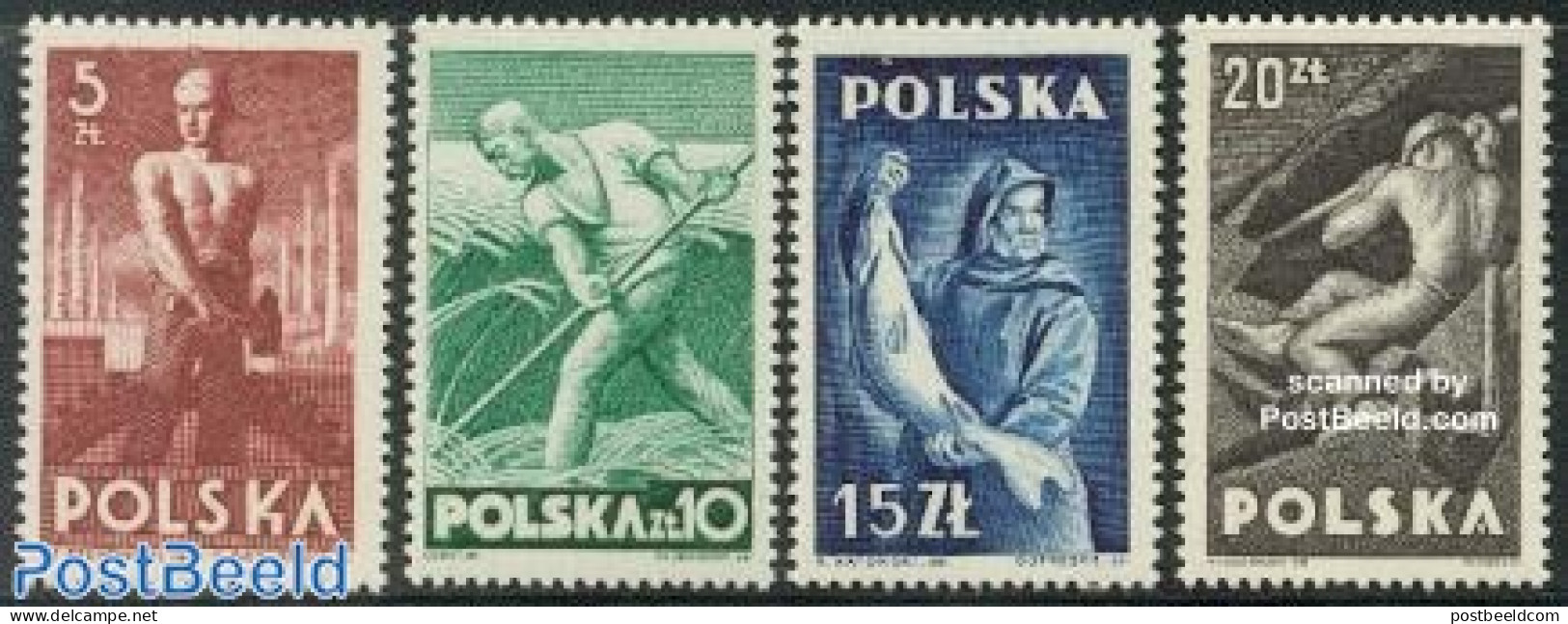 Poland 1947 Occupations 4v, Mint NH, Nature - Science - Various - Fish - Fishing - Mining - Agriculture - Ongebruikt
