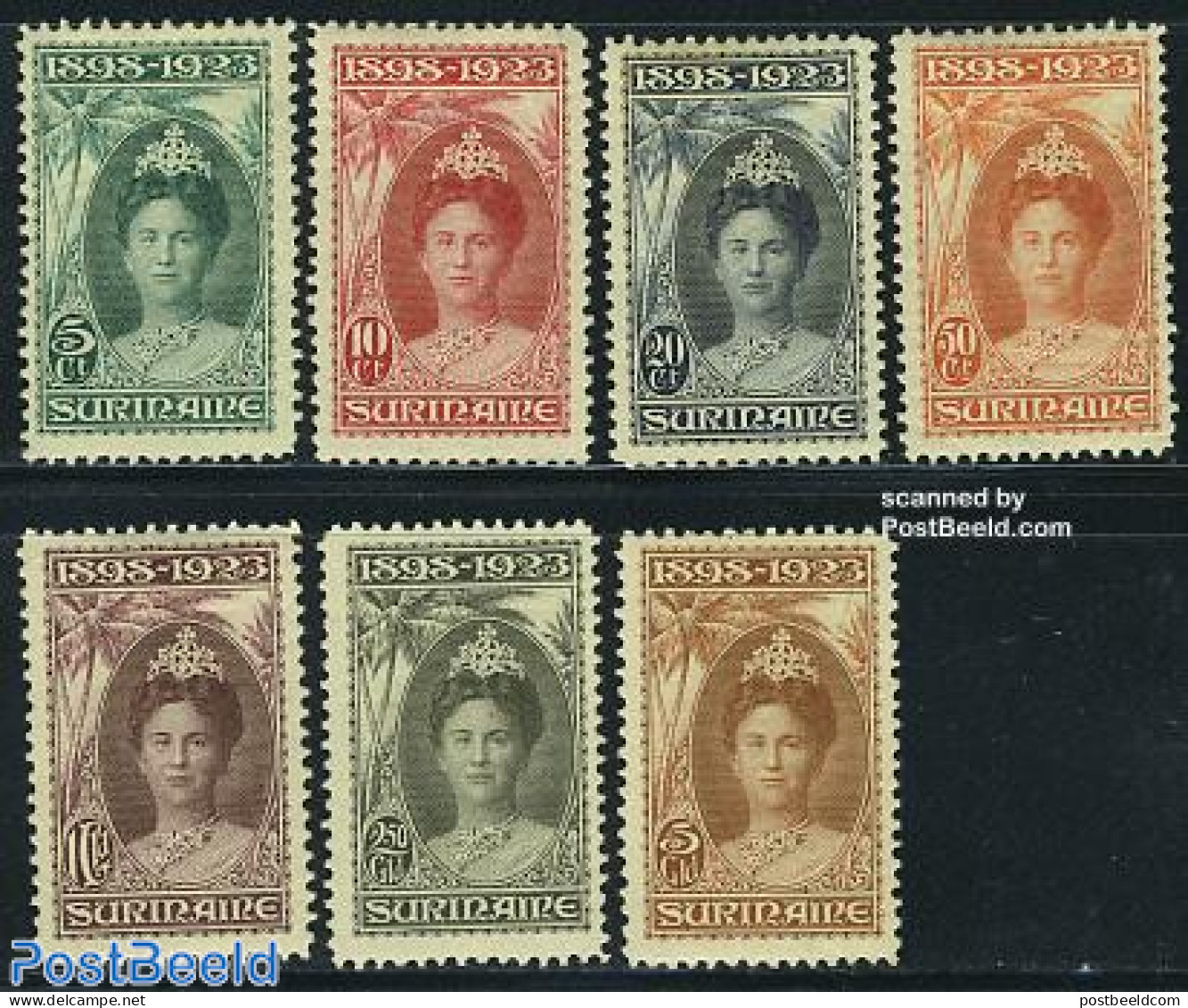 Suriname, Colony 1923 Wilhelmina Silver Jubilee 7v, Unused (hinged), History - Kings & Queens (Royalty) - Familias Reales