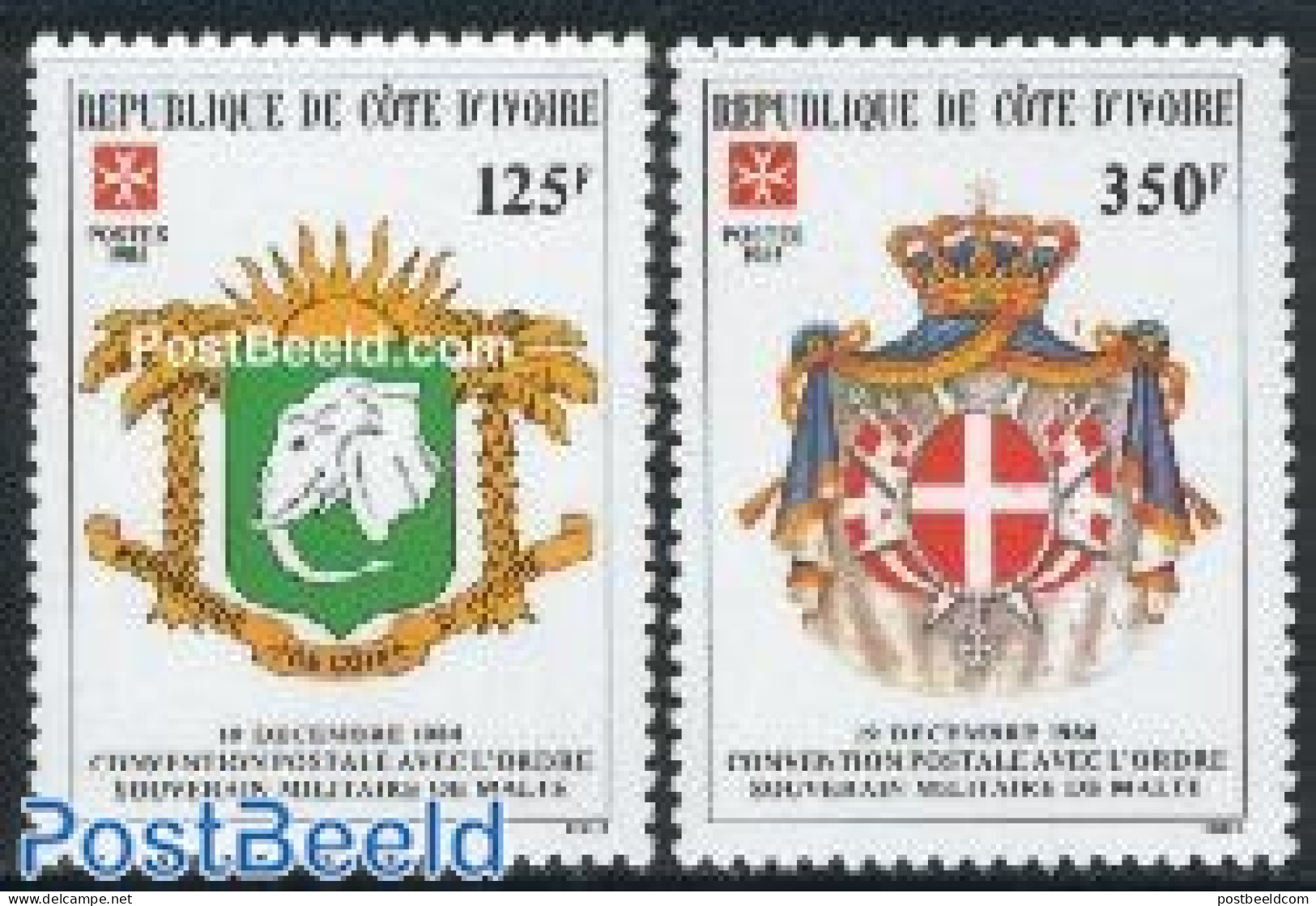Ivory Coast 1985 Military Order Of Malta Treaty 2v, Mint NH, History - Nature - Coat Of Arms - Elephants - Unused Stamps