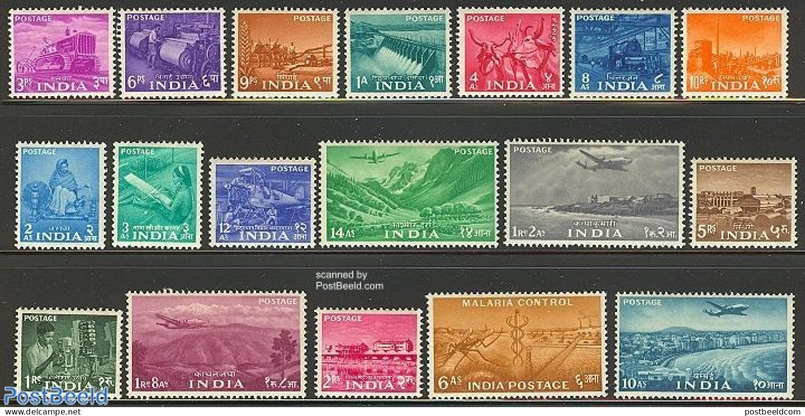 India 1955 Definitives 18v, Mint NH, Nature - Transport - Various - Water, Dams & Falls - Aircraft & Aviation - Textiles - Unused Stamps