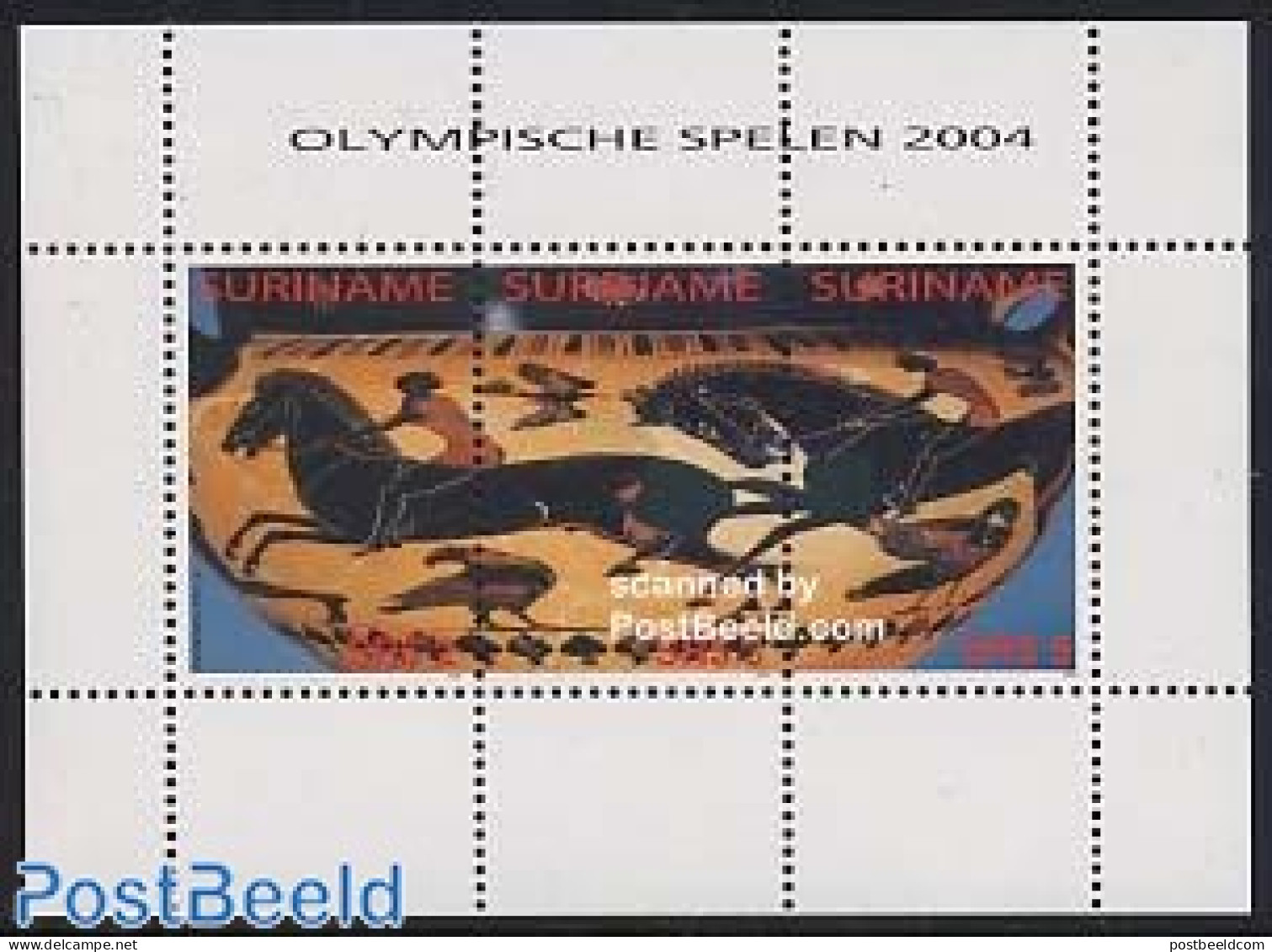 Suriname, Republic 2004 Olympic Games S/s, Mint NH, Nature - Sport - Birds - Horses - Olympic Games - Art - Ceramics - Porcellana