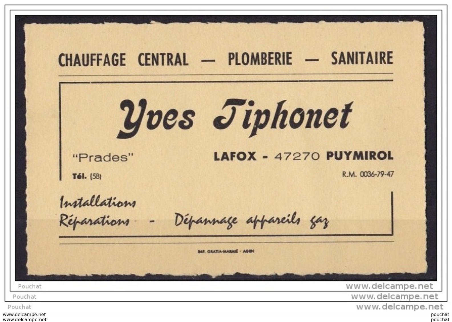 47) Puymirol - Lafox (Lot Et Garonne) YVES JIPHONET - Chauffage Central - Plomberie - Sanitaire - Prades - Tél. (58) - Visiting Cards