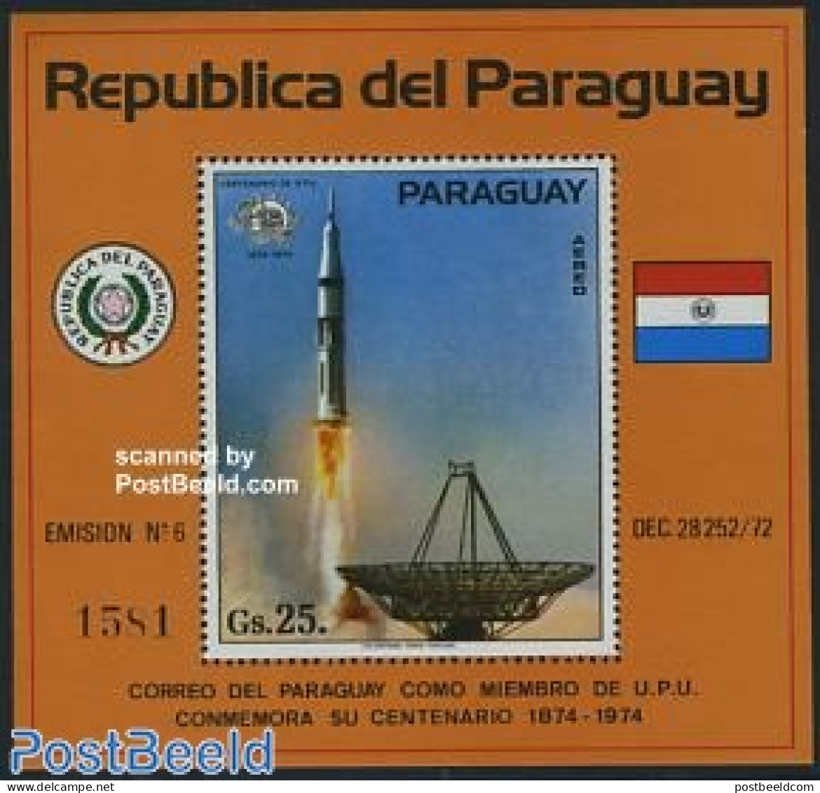 Paraguay 1974 UPU Centenary S/s, Rocket, Mint NH, Transport - U.P.U. - Space Exploration - U.P.U.